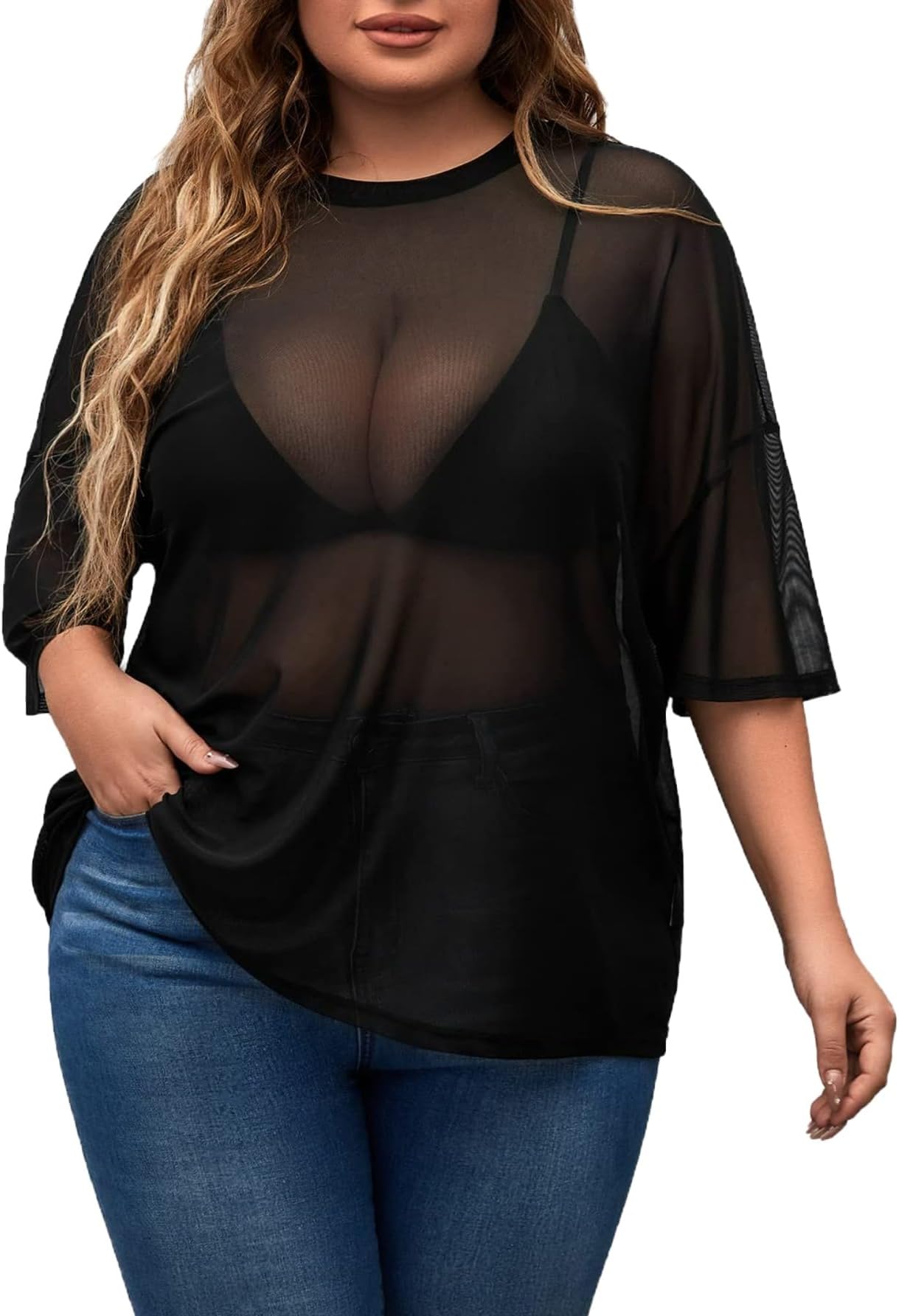 Women's Plus Size Concert Outfits Fishnet Tops Black Rhinestone Sheer Short Sleeve Summer Tops