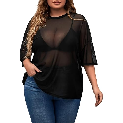 MakeMeChic Women's Plus Size Concert Outfits Fishnet Tops Black Rhinestone Mesh Short Sleeve Festival Tops