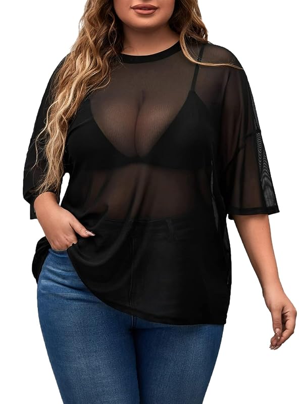 MakeMeChic Women's Plus Size Concert Outfits Fall Mesh Tops Sparkly Shirts by MakeMeChic - Used condition - US$18.95