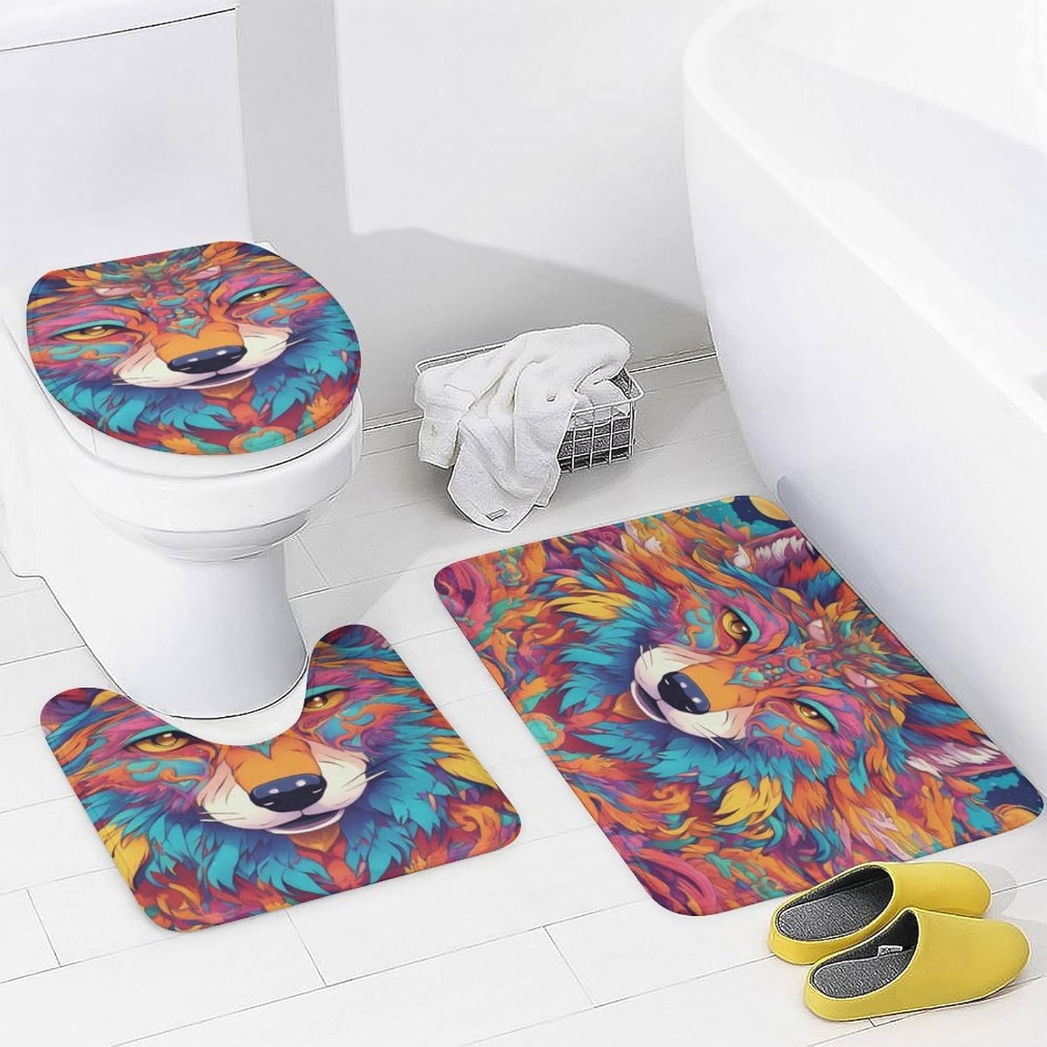 4Pcs Wolf Wild Animal Shower Curtain Set with Non-Slip Rugs, Toilet Lid Cover and Bath Mat, Psychedelic Feather Wolf Shower Curtain with 12 Hooks, Durable Waterproof Bathroom Decor Set