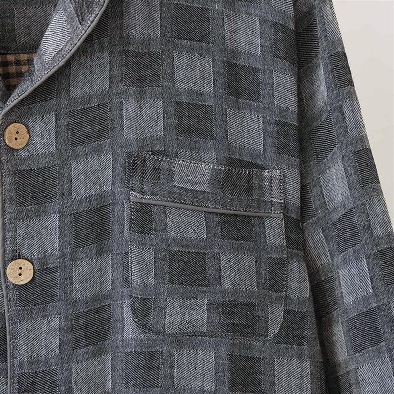 Shanghai Story Men's Gauze Cotton Check Print Long Sleeves Solid Sleepwear Long Pants Set Autumn Spring3