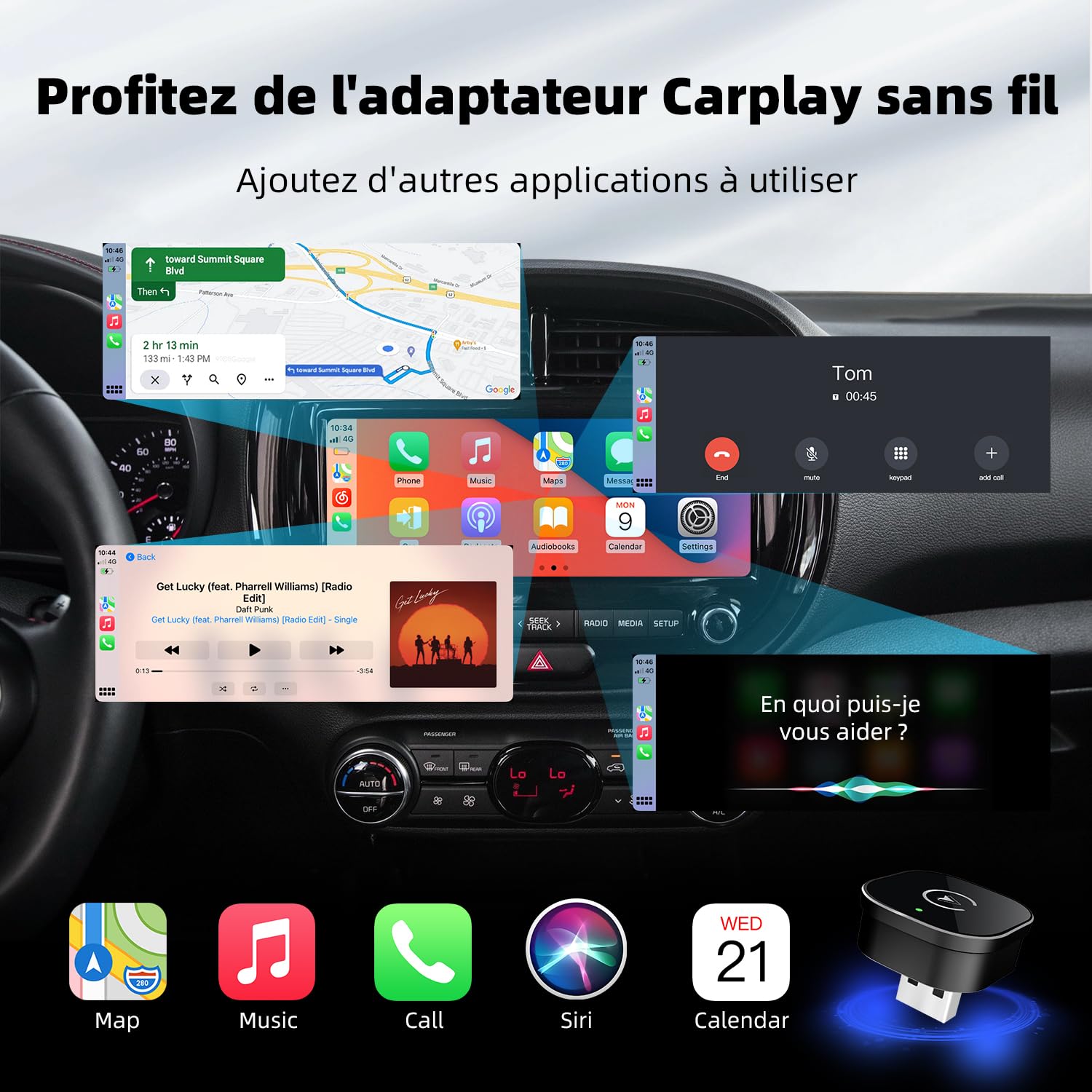 2026 Carplay sans Fil, Mini Adaptateur Carplay sans Fil pour iPhone et Plus de 1k+ Voitures, Type-C/USB, Connexion Rapide Stable, Compatible avec iOS 10+ Autos à partir de 2015