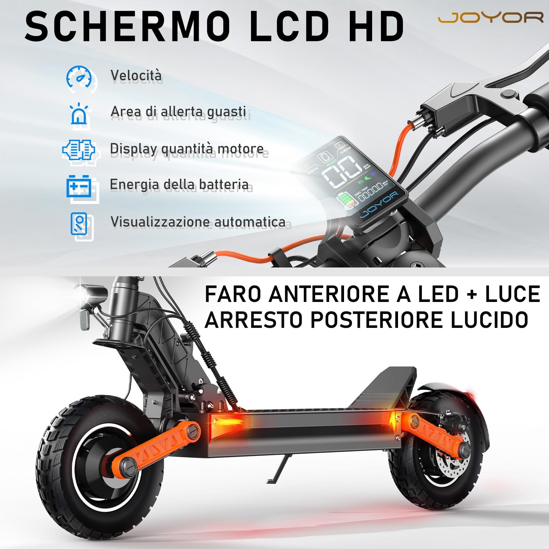 JOYOR Monopattino Elettrico, 60-90KM 48/60V 18Ah, Carico 150kg, Doppio Ammortizzatore e Freni a Disco Anteriori e Posteriori, Monopattino Elettrico per Adulti Pieghevole