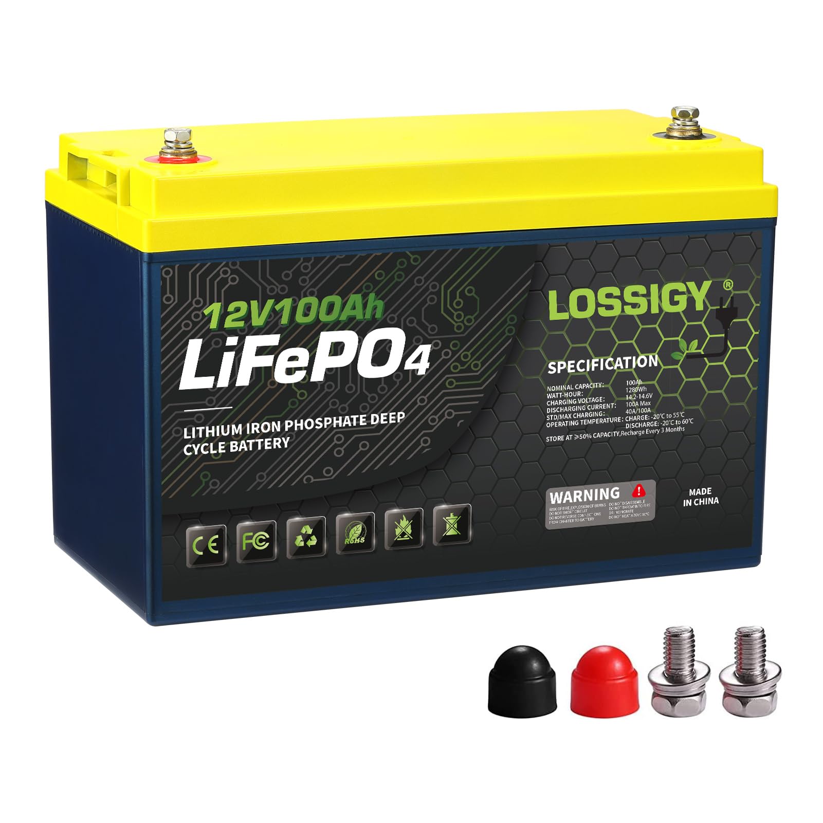 LOSSIGY12V 100AH LiFePO4 Lithium Battery with 100A BMS, 1280Wh Deep Cycle Power Supply, Perfect for Solar System, RV, Marine, Off Grid, Golf Cart,
