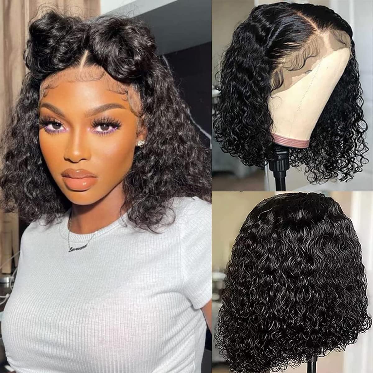 Deep Wave Lace Front Bob Wigs Human Hair Brazilian Curly Hair Bob Wig 10 Inch MSGEM 13x4 Transparent Lace Front Human Hair Bob Wigs for Black Women Pre Plucked with Baby Hair Natural Color