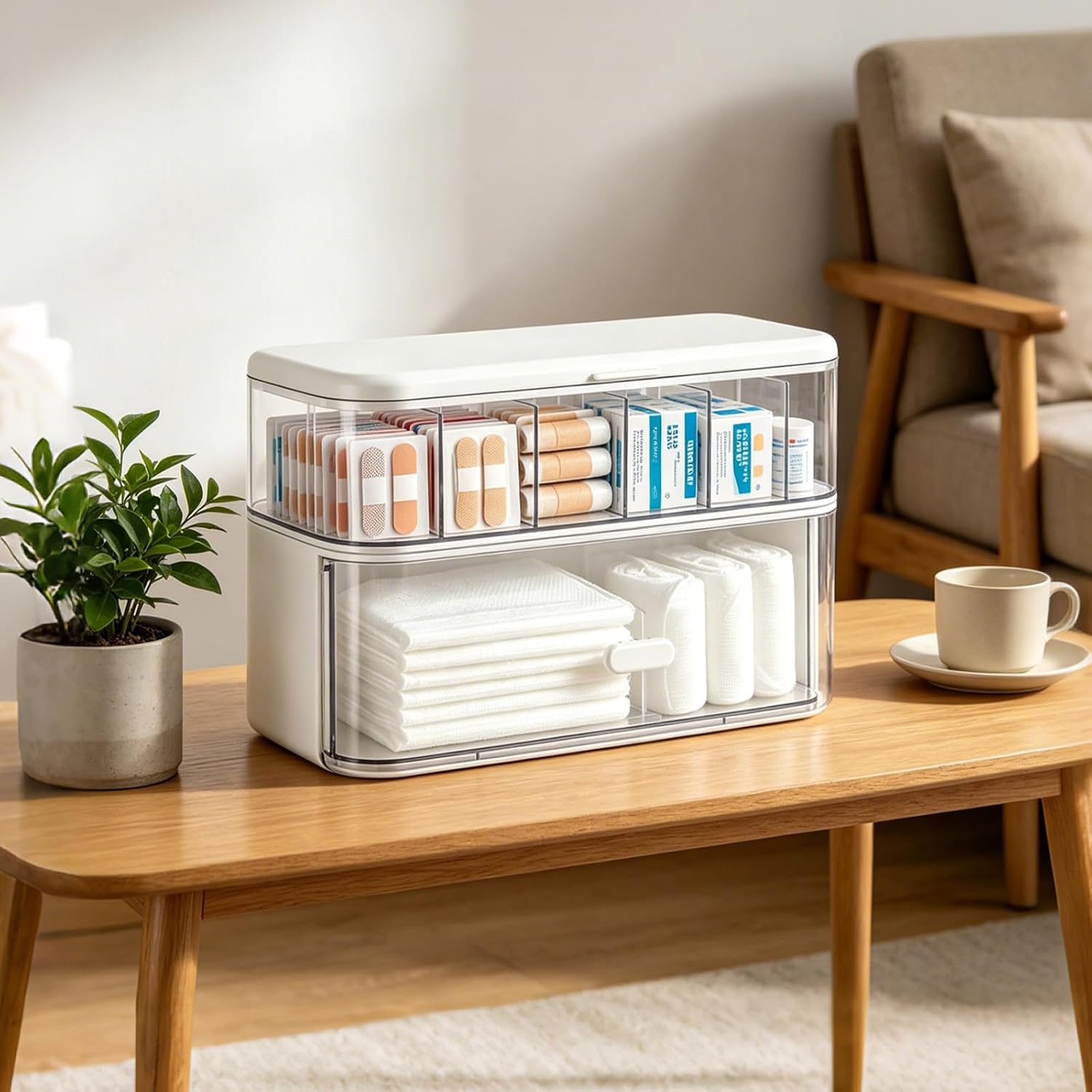 Clear Plastic Bandages Storage Organizer, 2 Tiers Container Bandaid Storage Holder with Lid and Handle, First Aid Box, Large Portable Medicine Container Holder Empty, Suitable for Home, Travel, School
