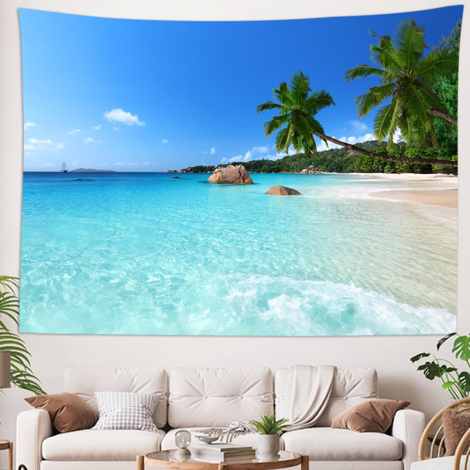 skcess Arazzo da parete 260 x 240 cm, oceano spiaggia, in poliestere, tappezzeria blu cielo naturale, per soggiorno, dormitorio, decorazione per la casa