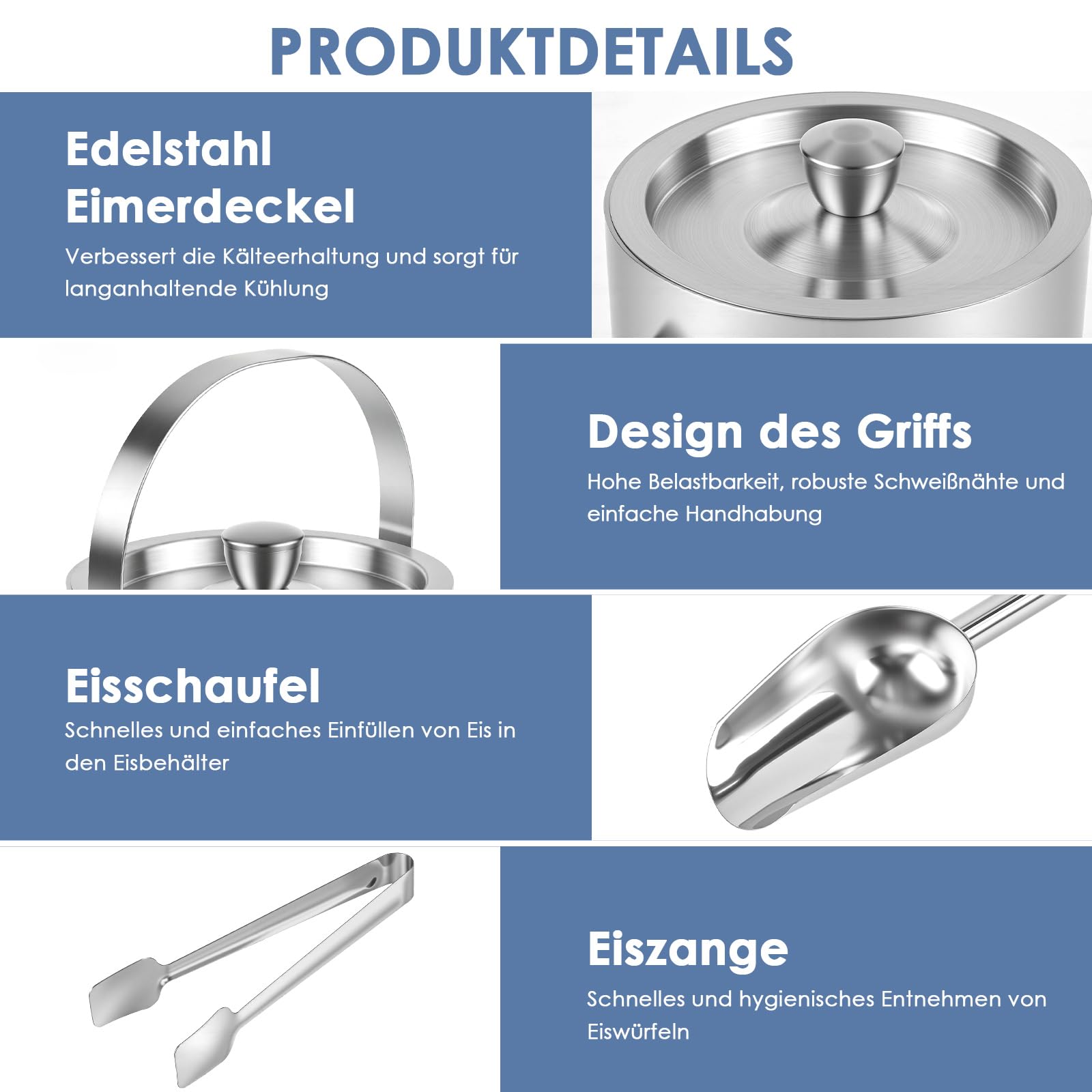 Dreamhigh 2L Eiswürfelbehälter, Edelstahl Eiskübel mit Deckel, Zange, Eisschaufel und Einem Sieb, Hält Getränke 6-8 Std, Eisbehälter für Partys, Riegel, Perfekt zum Abkühlen von Getränken, Bier