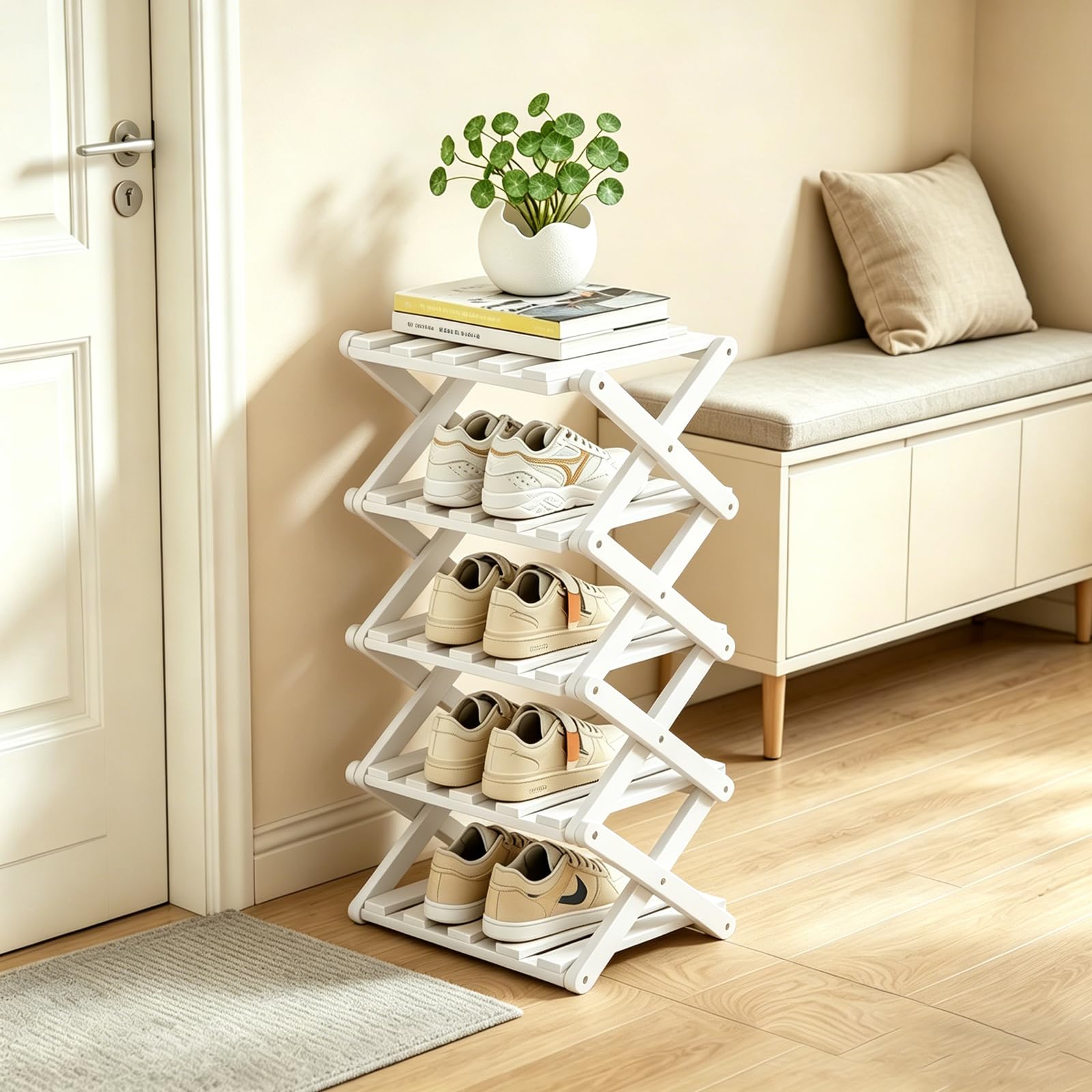 Piccola scarpiera verticale piccola, scarpiera in bambù, pieghevole, salvaspazio, per ingresso, camera da letto, armadio, angolo del soggiorno (bianco, 5 ripiani)