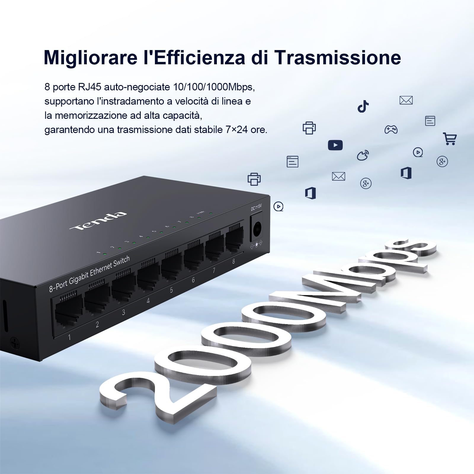 Tenda Switch Ethernet 8 Porte Gigabit Unmanaged TEG1008M, Switch Gigabit 10/100/1000 Mbps, IGMP Snooping, 802.1p/DSCP QoS, Hub Ethernet, Montaggio Desktop o a Parete, Plug & Play, Guscio di Metallo