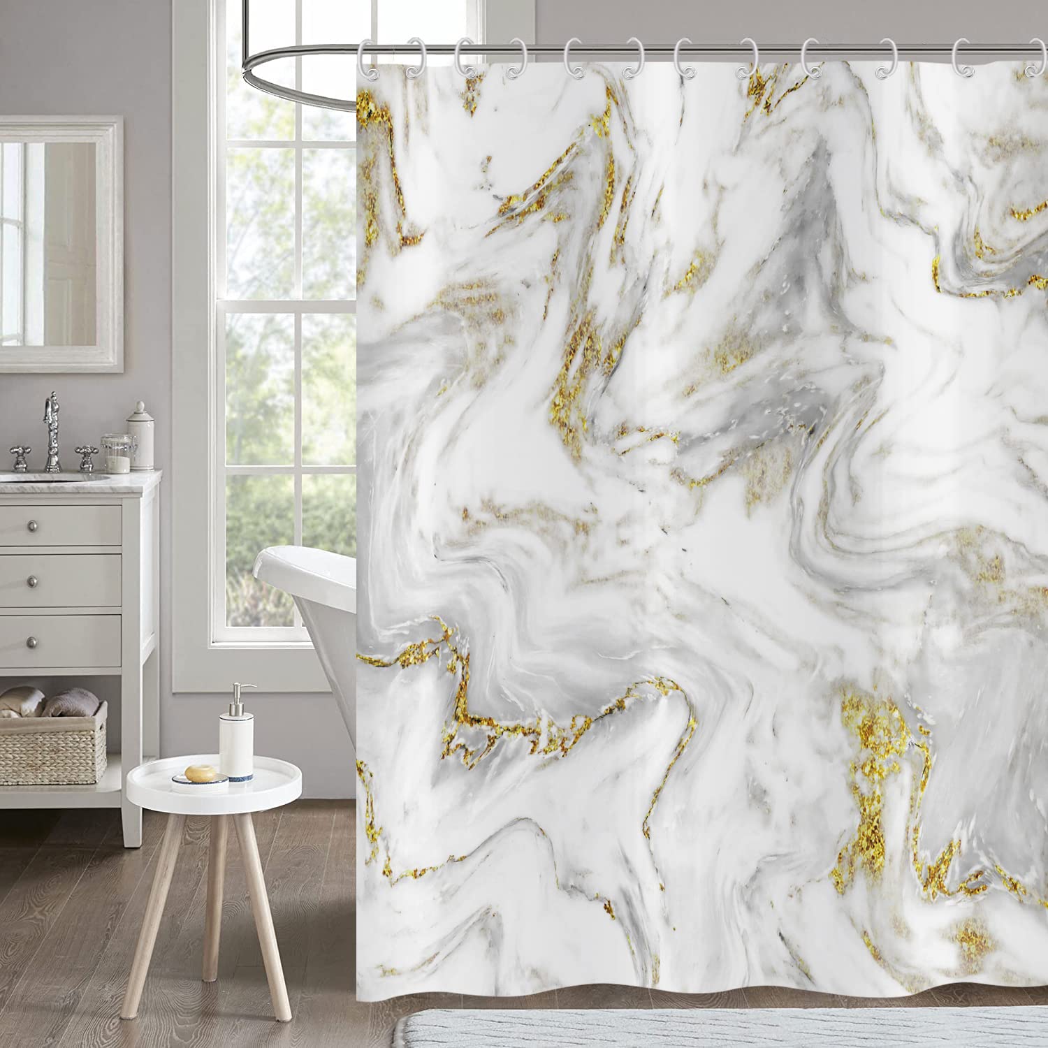 Hnmdmyi Marble Shower Curtain 90x180, Grey Gold White Shower Curtains Abstract Modern Luxury Art Decorative Bathroom Curtains with Hooks Waterproof Polyester Fabric Washable Bath Curtain for Wet Room — image 1