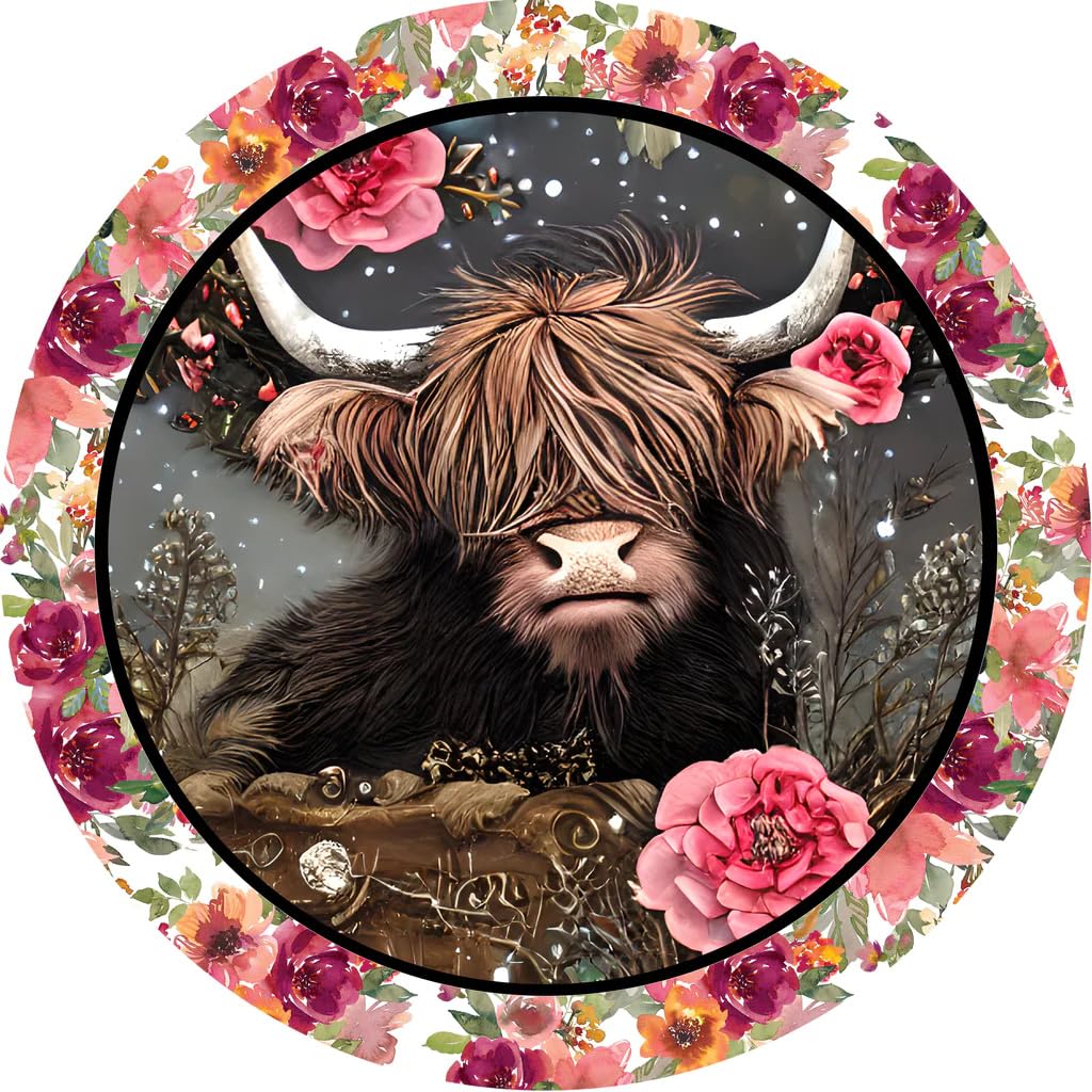 Ensound A02 Round Metal Tin Sign Floral Highland Cow Sign,Wreath Sign,Door Sign,Rustic Home Kitchen Bathroom Bedroom Garden Parlor Wall Art Decor 12X12 Inch