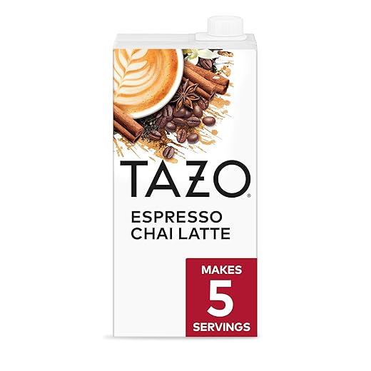 TAZO Espresso Chai Latte, Black Tea Concentrate, Easy to Serve Espresso Chai Tea for Everyday Cafe Style Lattes, Hot or Iced Coffee-like experience, Barista Approved, 32oz Tea Mix Carton