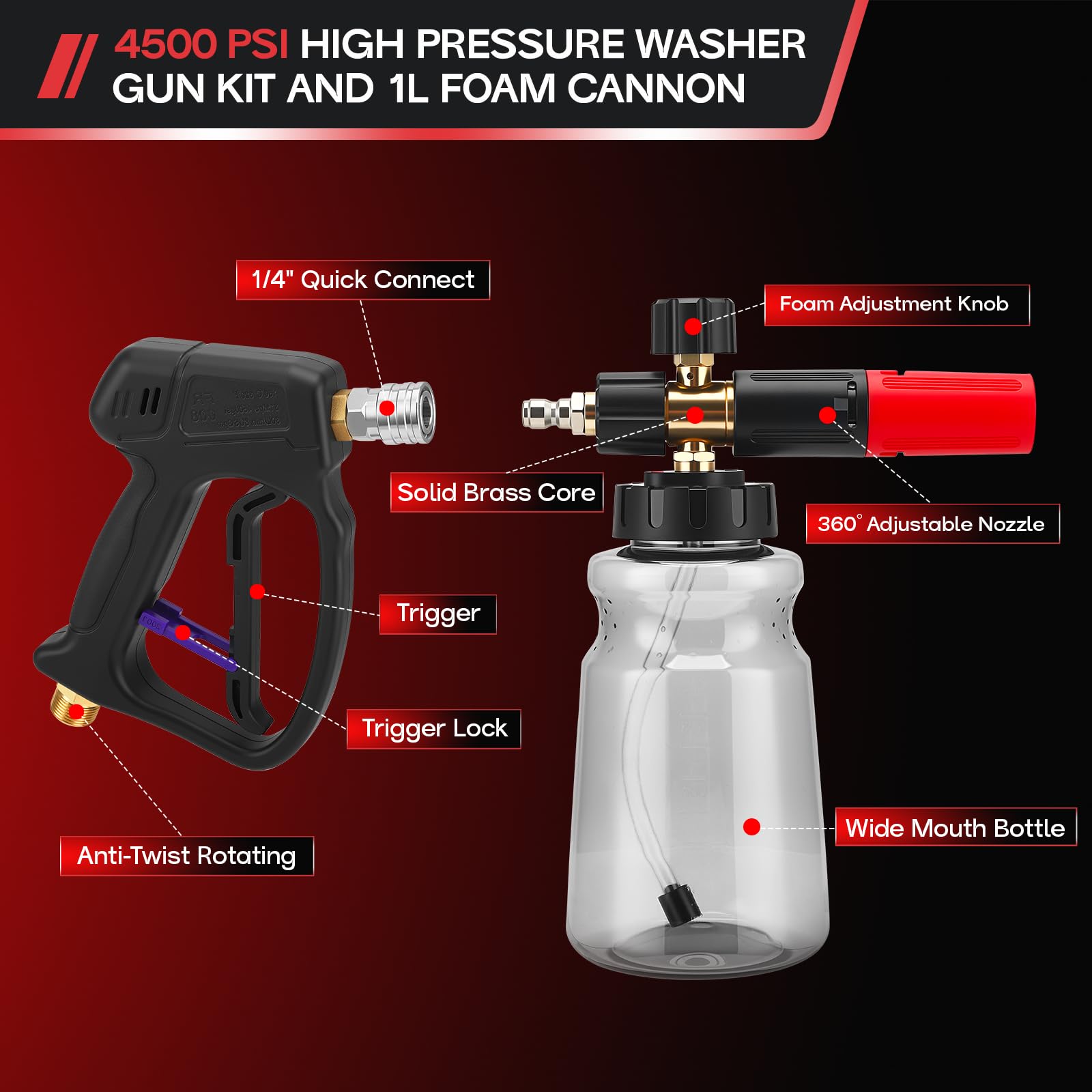 Pistola per idropulitrice ad alta pressione, 5200 psi, per lavaggio auto, con pistola per schiuma, con 5 ugelli a spruzzo, per la pulizia di Kärcher, interfaccia da 1 litro da 1/4"