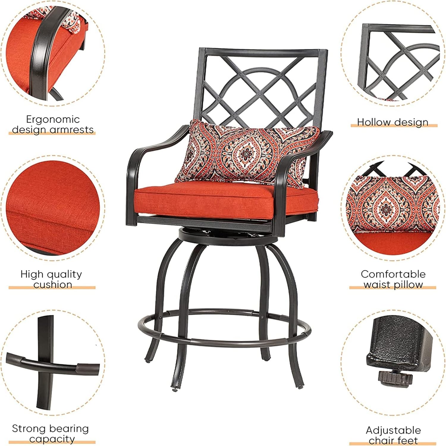 Crownland Patio Swivel Bar Stools Set of 4, All Weather 360 Degree Outdoor Metal Frame Swivel Bar Chair Bar Stool with Armrest and Backrest for Backyard, Lawn Garden, Balcony(Red)