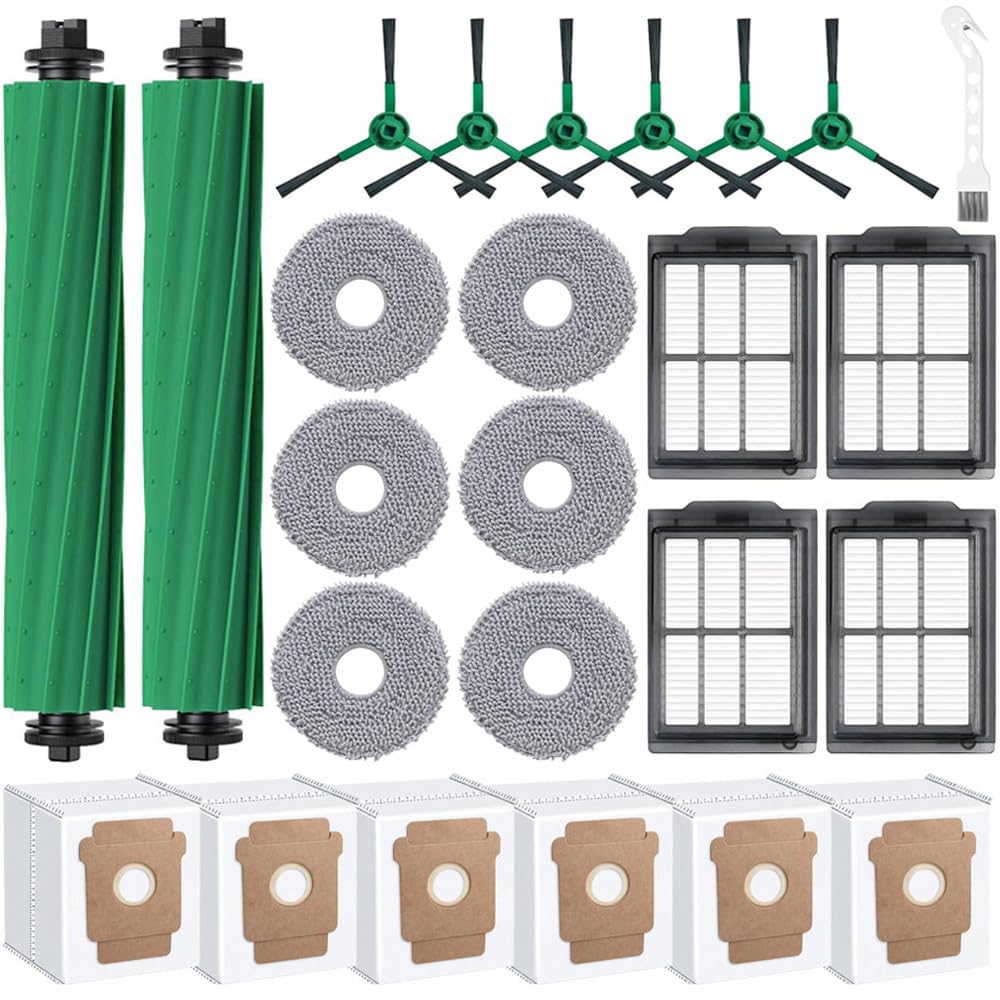 25 Pack Replacement Accessories Kit for iRobot Roomba Plus 405 Combo, Plus 505 Combo Vacuum, 2 Main Brushes,4 Filters,6 Dust Bags,6 Mop Pads,6 Side Brushes,1 Cleaning Brush