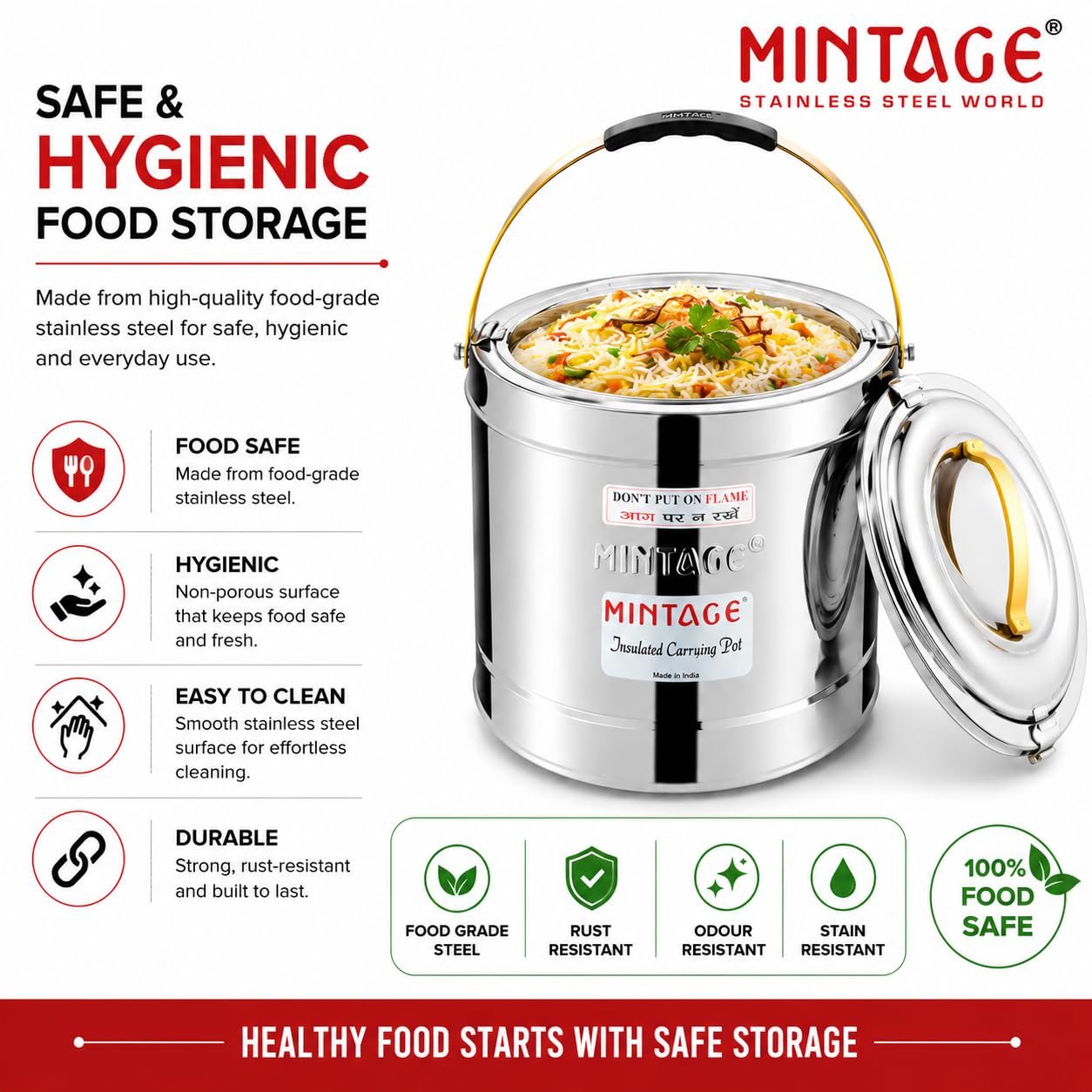 Mintage Sambar Pot Stainless Steel 5 Liters with Lid | Casserole for Cooking with Side Handles | Canteen & Hotel Container | Biryani Box Puff Insulated Hot & Cold 4
