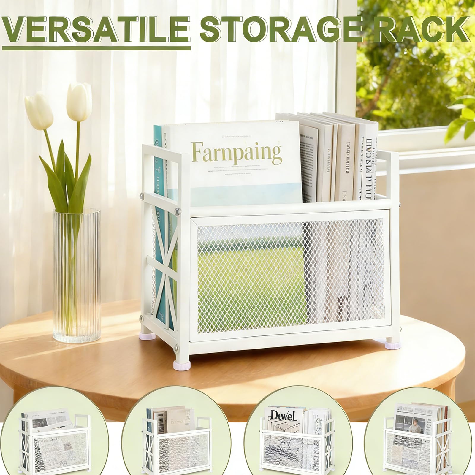 Portariviste da pavimento, in metallo, porta riviste da pavimento, in rete bianca, per riviste, libri, giornali, tablet