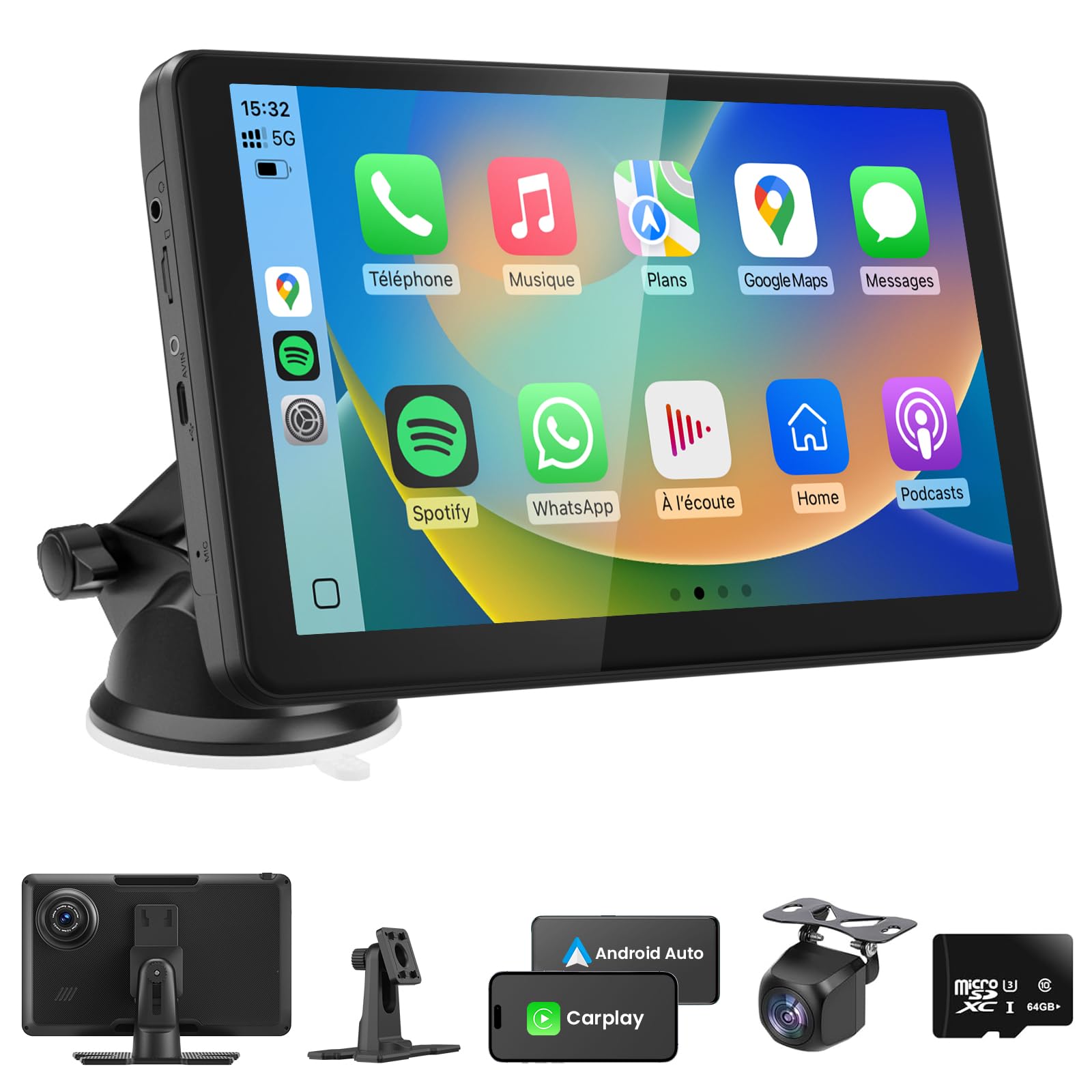 9 Pouces Écran Voiture avec Caméra de Recul, CarPlay sans Fil Android Auto | Portable Autoradio de Voiture avec Commande Vocale, Navigation GPS, FM, MirrorLink, Bluetooth Appels avec Mains Libres, AUX