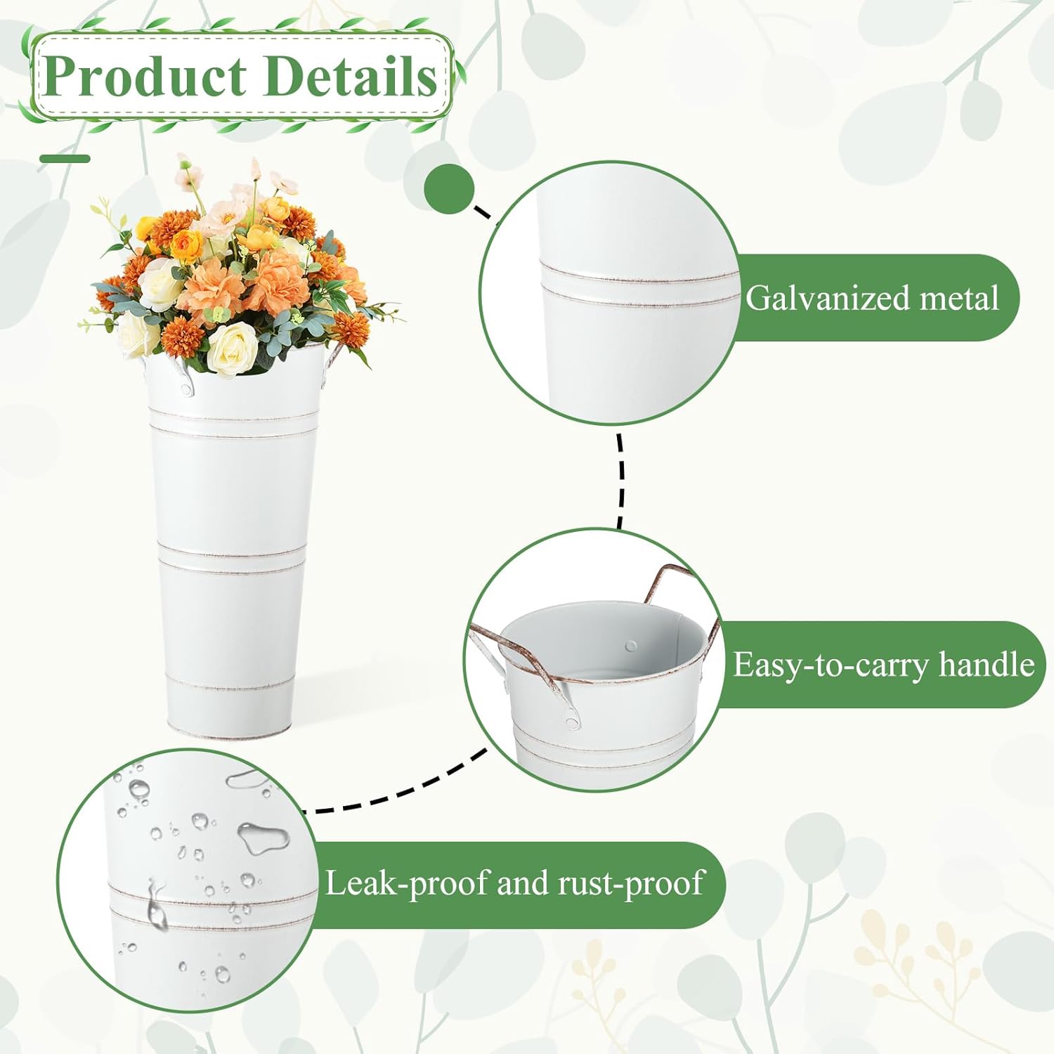 6pcs Galvanized Bucket Bar Flower Bucket Metal Vase with Handles Farmhouse Vases for Flowers Wedding Table Centerpiece Decorations Rustic Vintage Metal Floral Container for Party Home Arrangements