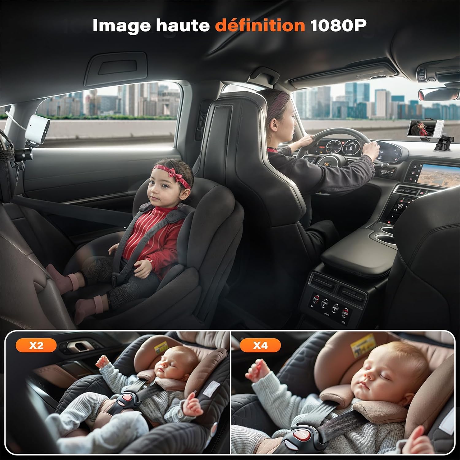 APPS2Car Baby Monitor showing 1080P HD image quality in a car, with zoom options