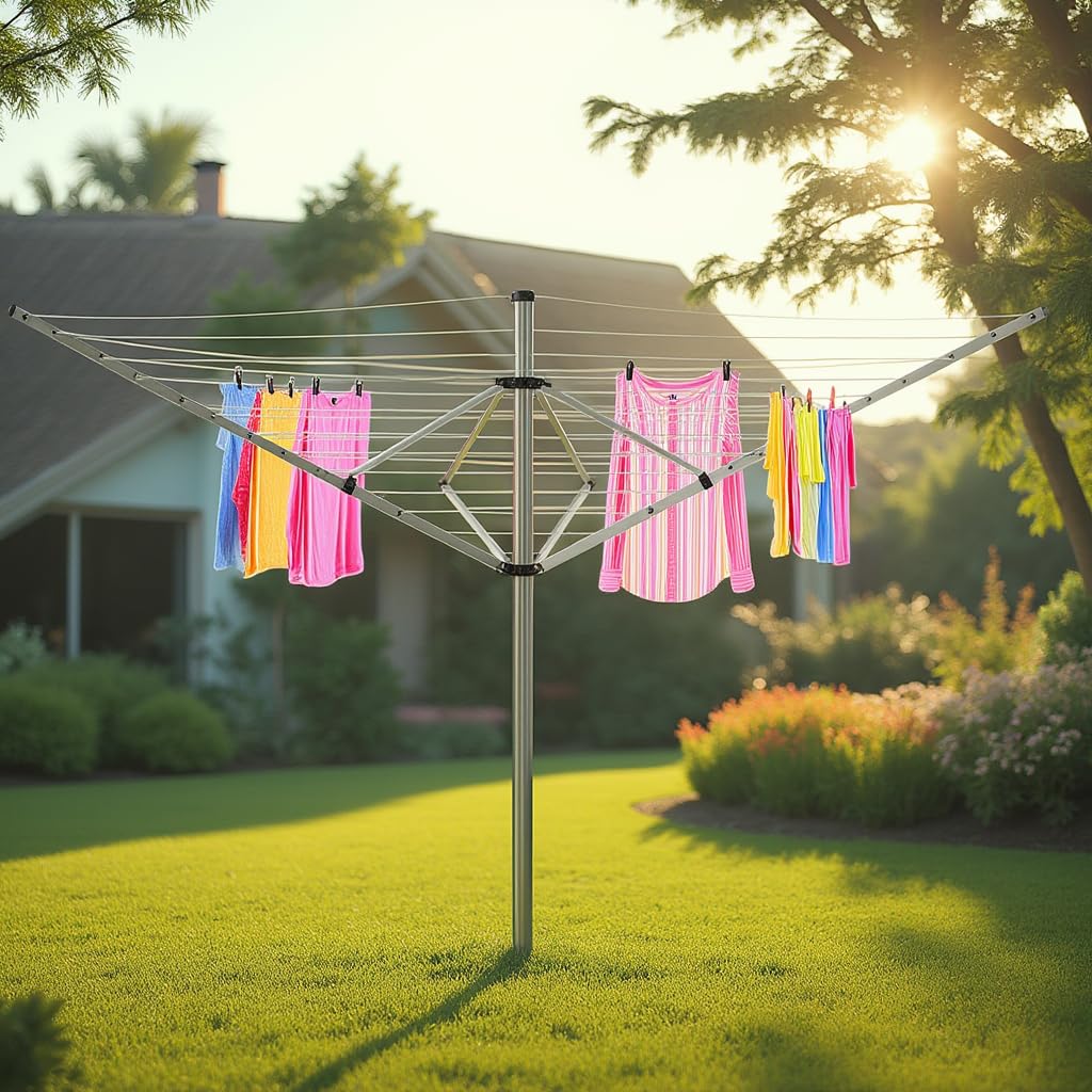 KADAX Séchoir à linge avec 50 mètres de corde à linge, séchoir en aluminium inoxydable pour l'extérieur, hauteur réglable avec housse de sol pour jardin (50m)