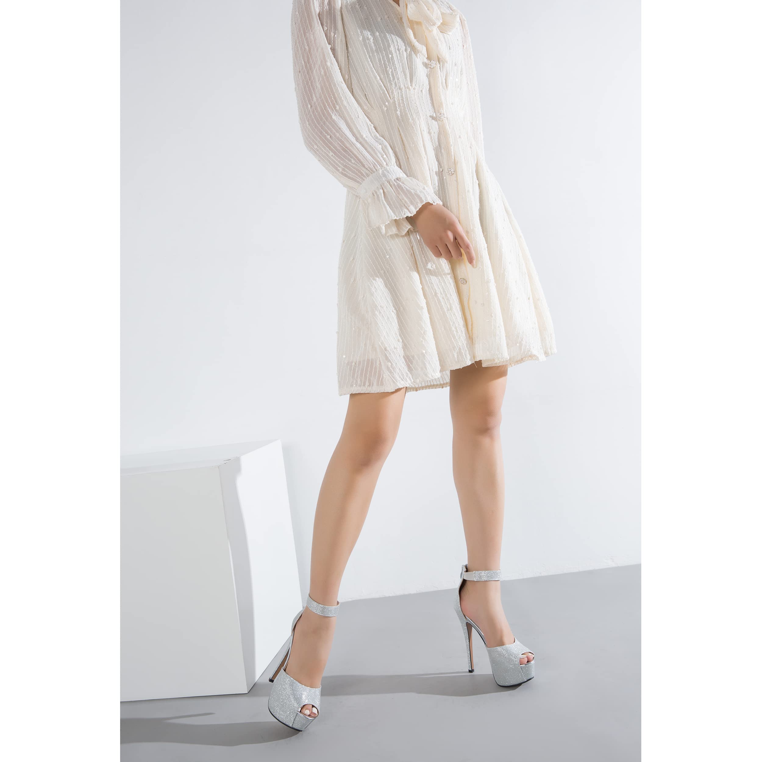 Enelauge Women's Sexy Ankle Straps Peep Toe Buckle Platform Stiletto Wedding Party High Heels Sandals: 8 Silver Glitter