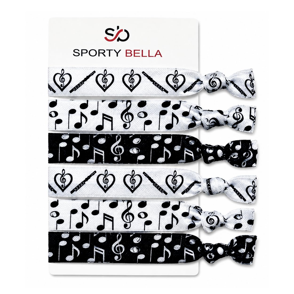Sportybella Flute Hair Ties for Girls and Women, Set of 6 Music Note Hair Ties, No Crease Elastic Ponytail Holders, Flute Gifts for Musicians, Students, Teachers and Music Lovers
