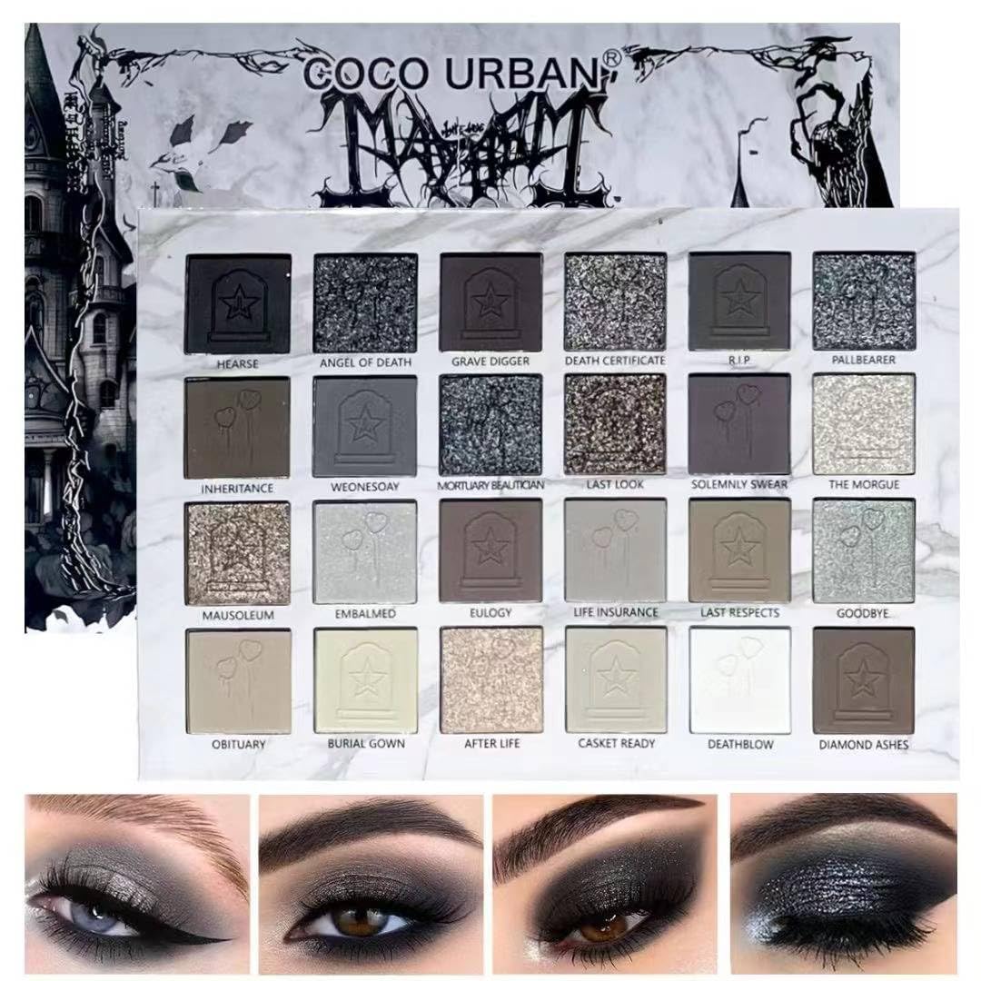 24Colors Black Grey Smokey Eyeshadow Palette, Matte Black Smoky Eye Shadow Palette, Shimmer High Pigmented Basic Black White Gray Shade Eye Black Makeup for Halloween (24 Colors)
