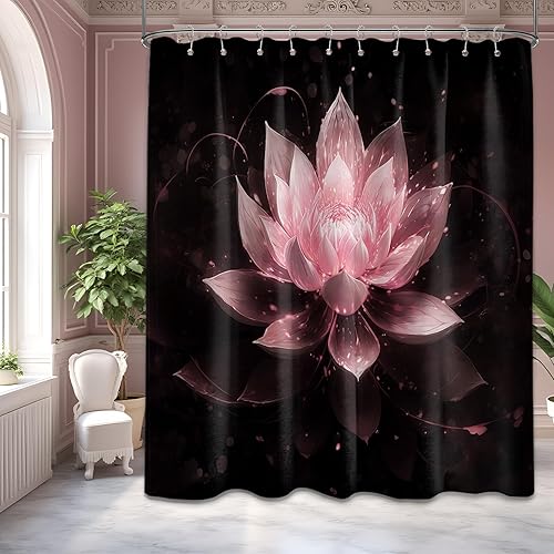 Miniatura 50 de Cortina de ducha negra y dorada con flores de loto amarillo dorado para juegos de decoración de baño, tela impermeable con ganchos, 70 x 72 pulgadas