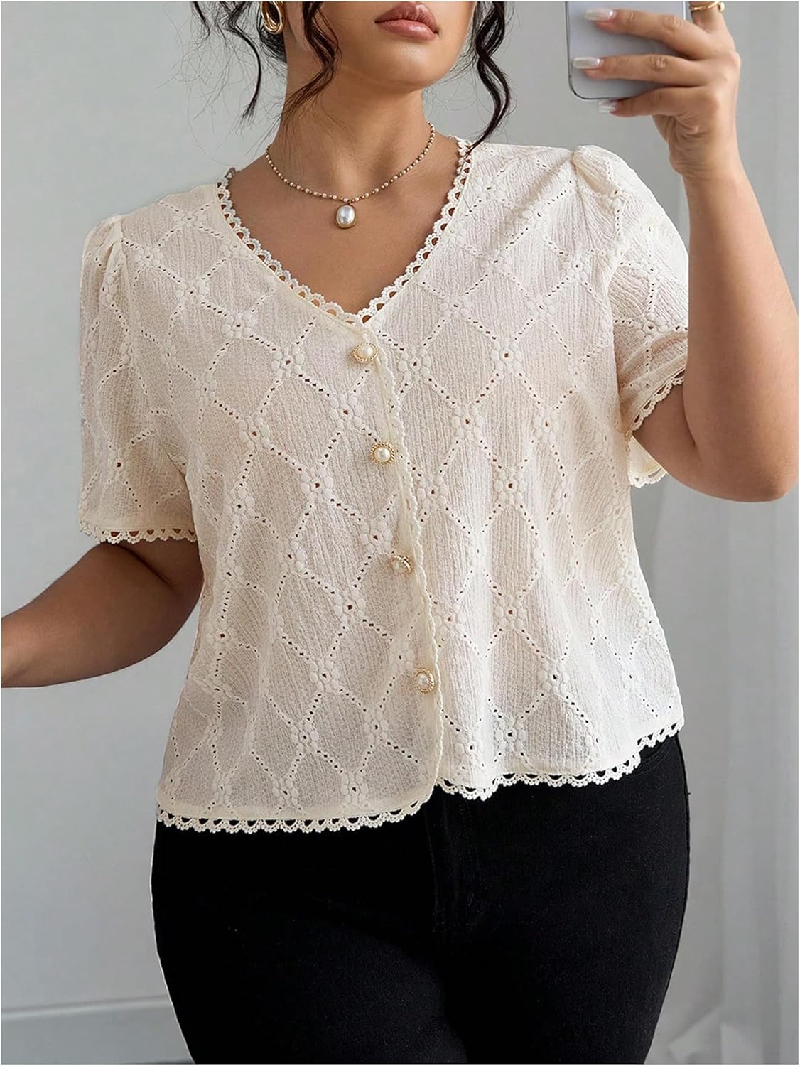 SHENHE Women's Plus Size Summer Dressy Casual Eyelet Top Lace Pearl Button Up Short Sleeve Blouse - Image 5