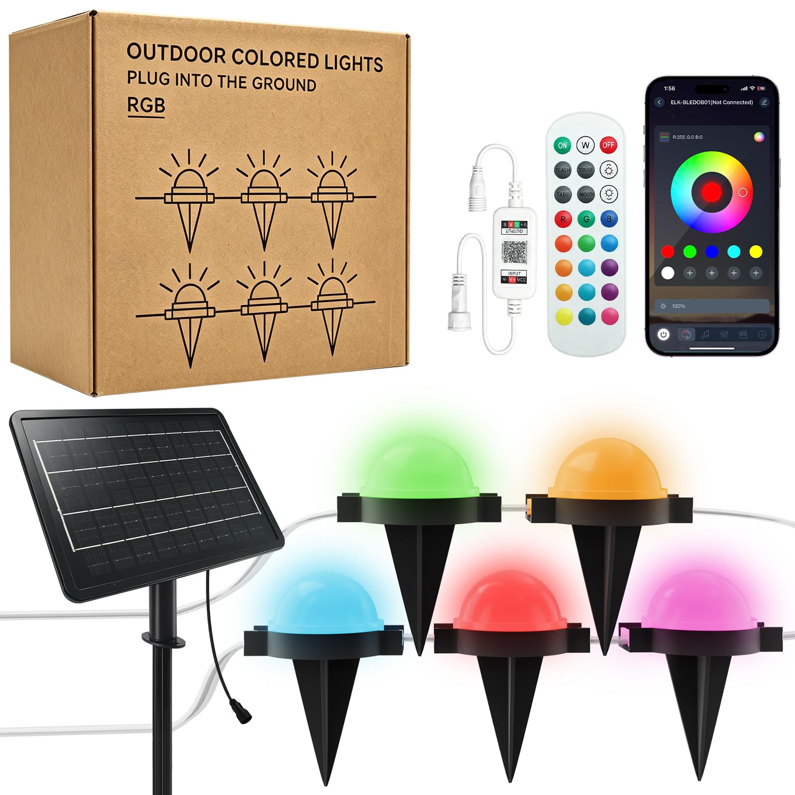 Solar Bodenstrahler Außen 10M mit 12LEDs, Bluetooth RGB LED Bodenleuchten, Musik Sync, IP67 Wasserdichte Trauflichter für Allerheiligen Weihnachtsdeko