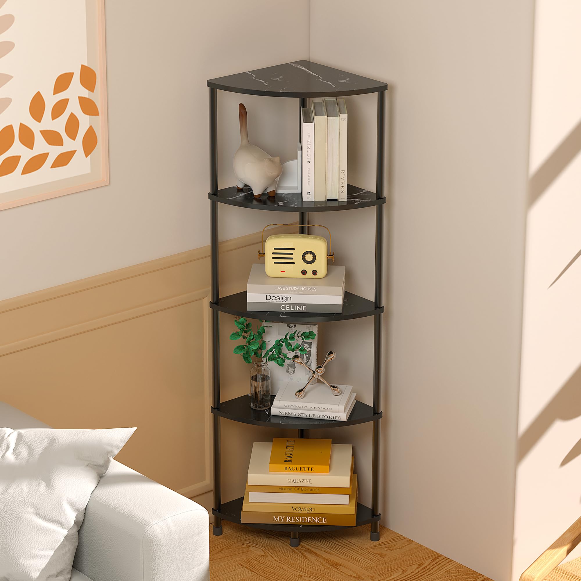 Greatseas Book Shelf Corner Shelf, 5 Tier Corner Bookshelf Display Shelf for Living Room Decor, 44.1" Standing Shelf Bookcase Organizer, Marble Black Storage Shelves for Bedroom, Bathroom, Small Space