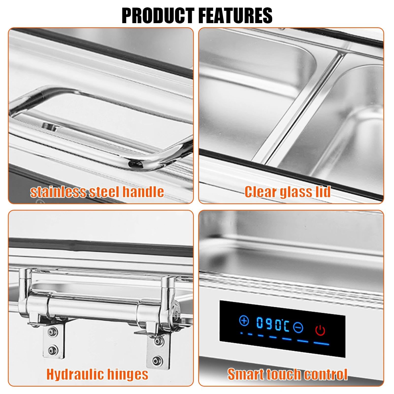 9L Calentador de Buffet de Acero Inoxidable, 400W 220V (1/1) | Chafing Dish Electrico, Calentador de Comida Buffet Electrico con Control Inteligente de Temperatura para Buffet, Catering