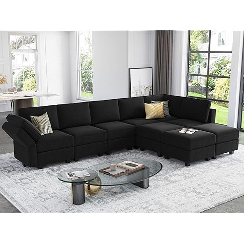 Belffin Modular Sectional Couch with Reversible Double Chaises Velvet L Shaped Convertible Sectional Sofa with Storage Black