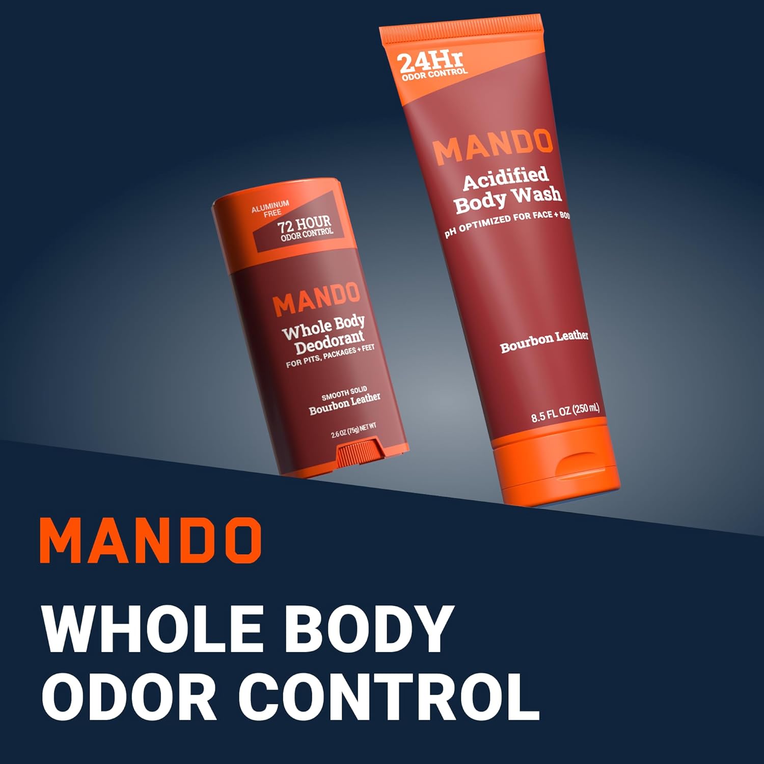 Mando Smooth Solid Stick (2.6 Ounce) + Acidified Body Wash (8.5 Ounce) - Clinically Proven to Block Odor All Day - Whole Body Safe For Pits, Packages + Feet (Bourbon Leather)
