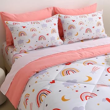 Twin Comforter Set for Girls -5 in 1 Pink Soft Bedding Sets Kids All Season Bed in a Bag - Flat Sheets - Fitted Sheet - Pillowcover, Cute Rainbow Toddler Twin Size Microfiber