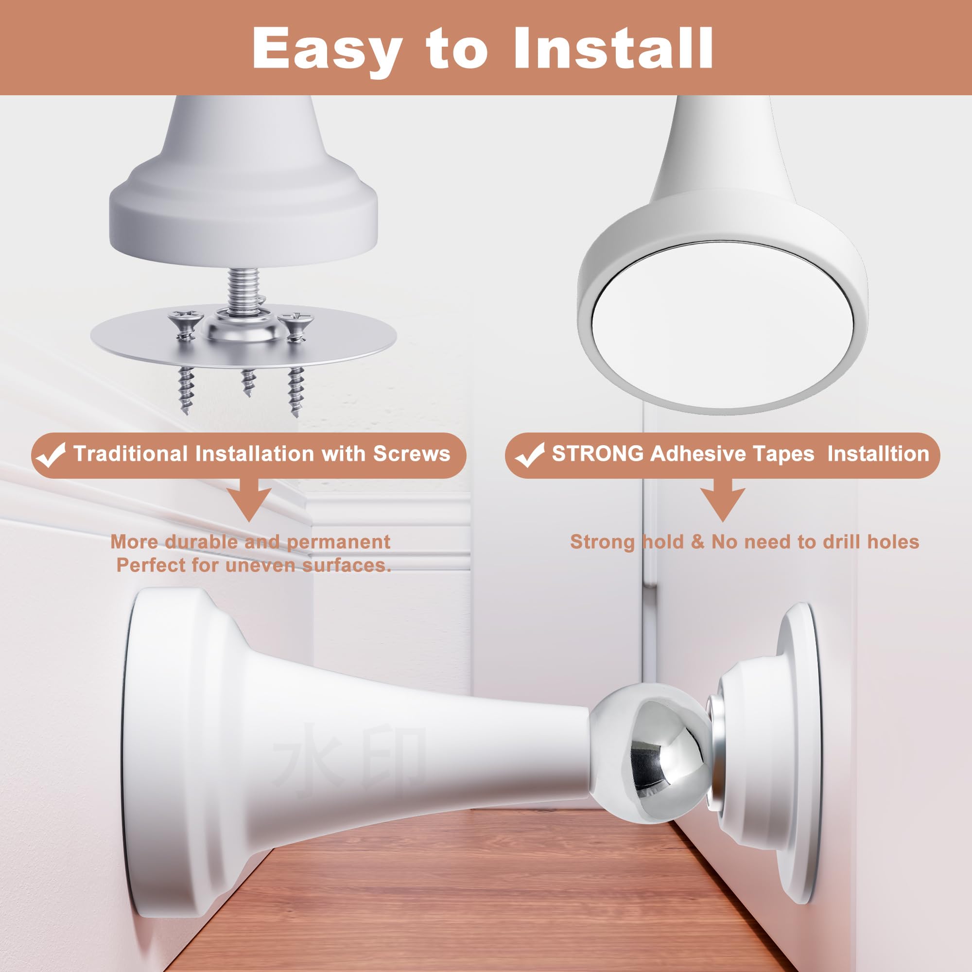 Topes magnéticos para puerta, acero inoxidable y goma, para montaje en pared y suelo, tope de puerta sin taladrar con cintas adhesivas, blanco, paquete de 4