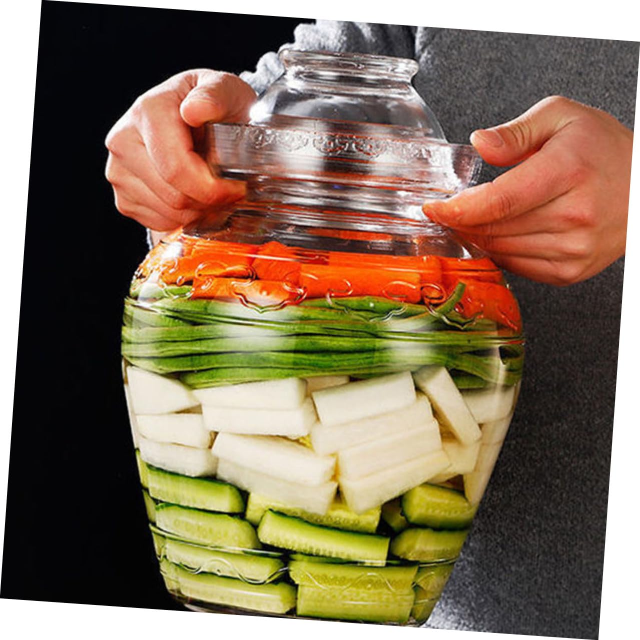 Uonlytech Barattolo per Fermentazione Alimentare in Vetro Spesso con Coperchio Sigillante Vaso per Sottaceti e Verdure Design Inciso Trasparente Capacità Uso Domestico e Conservazione