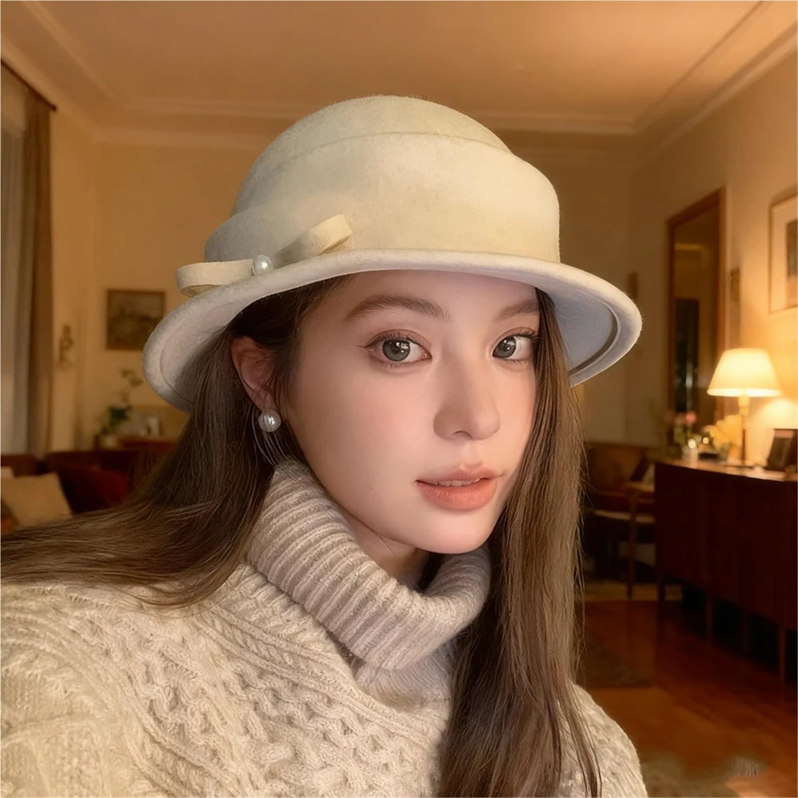 Cappello da donna in feltro di perle retrò autunno e inverno