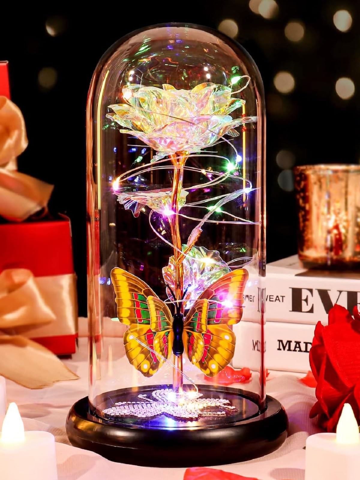 Valentines Day Birthday Gifts for Her Women Colorful Rose Eternal Flower Light Up Rose in Glass Dome with Butterfly, Valentine's Flowers Gifts for Her Wife Mom Girlfriend Delivery Prime Anniversary