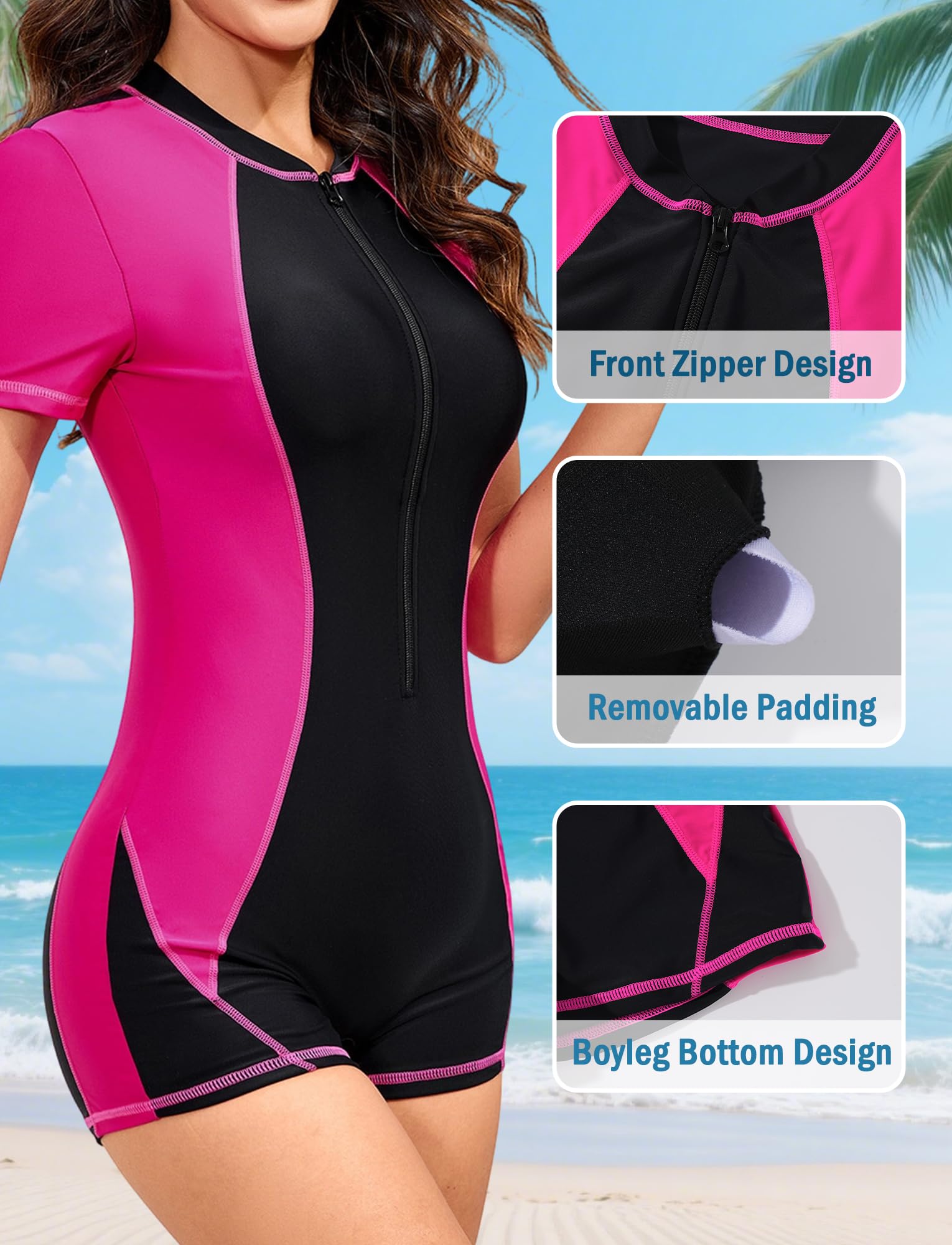 SEAUR Costume da bagno intero da donna, a maniche corte, UPF 50+, con cerniera frontale, con reggiseno integrato