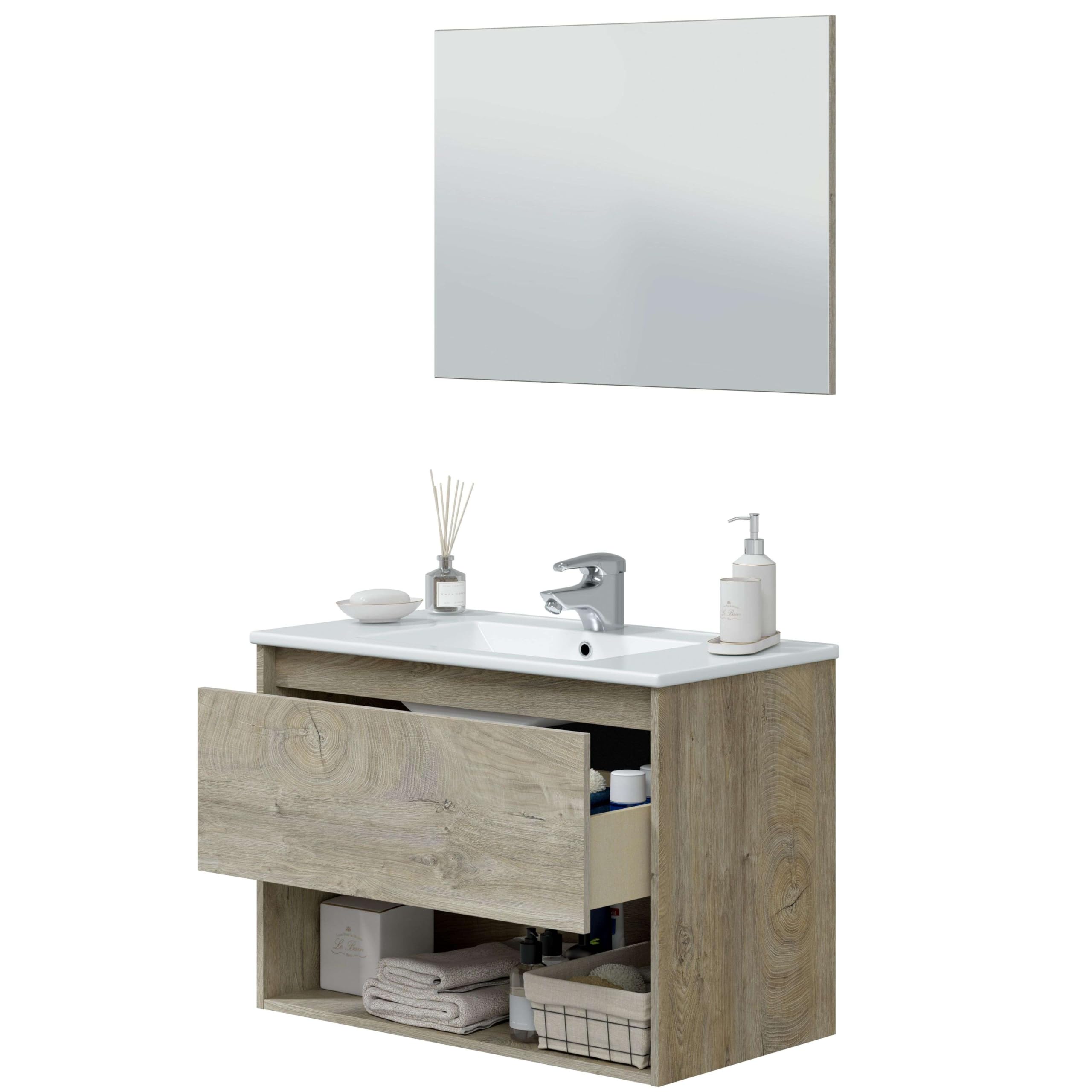 duehome | Mueble de Baño con 2 Cajones y Espejo, Modulo Lavabo, Modelo Sense, Acabado en Roble Alaska, Medidas: 80 cm (Ancho) x 80 cm (Alto) x 45 cm (Fondo