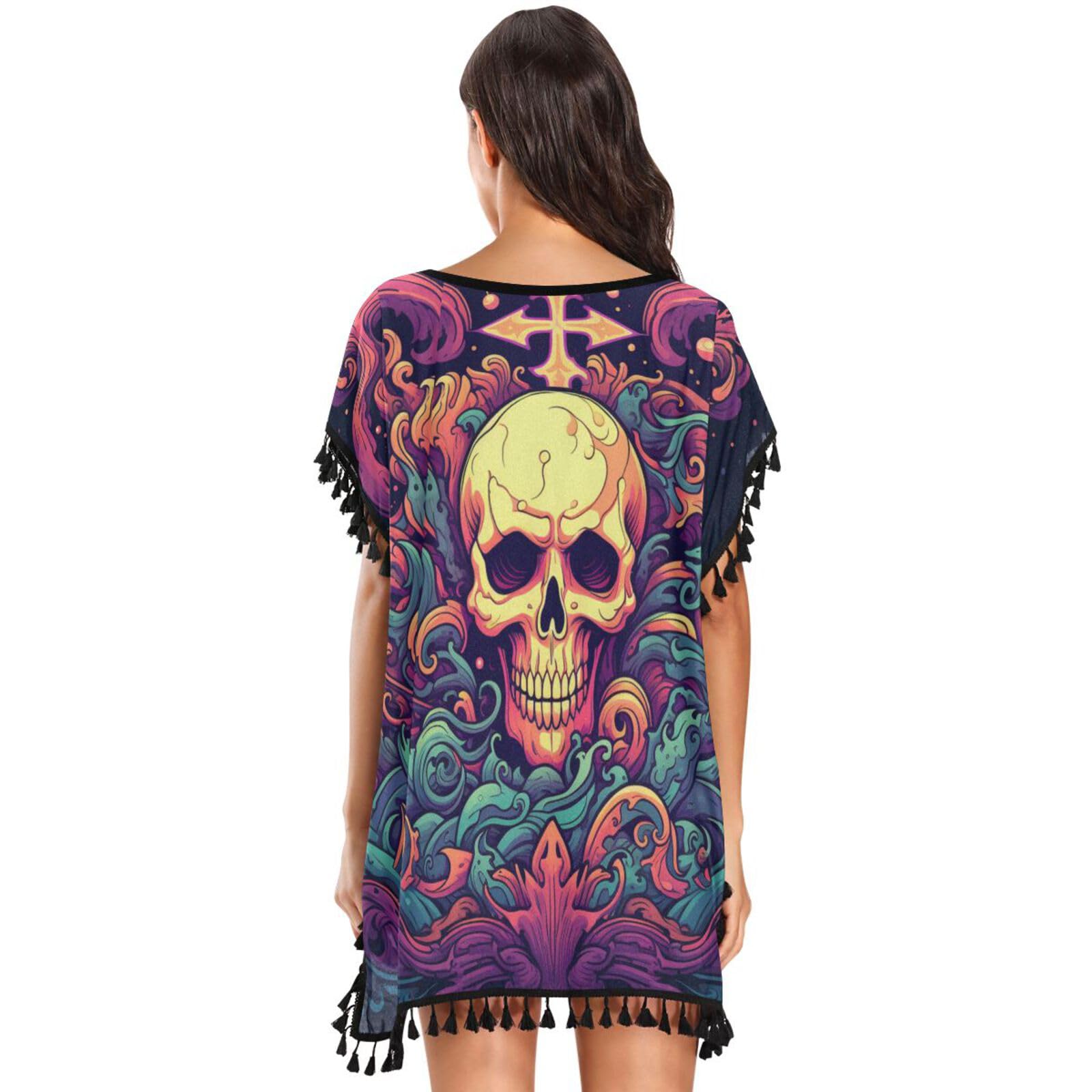 Fire Skull Cool Art Women's Beach Cover Up Chiffon Tassel Swimwear Swimsuit Coverups for Girl