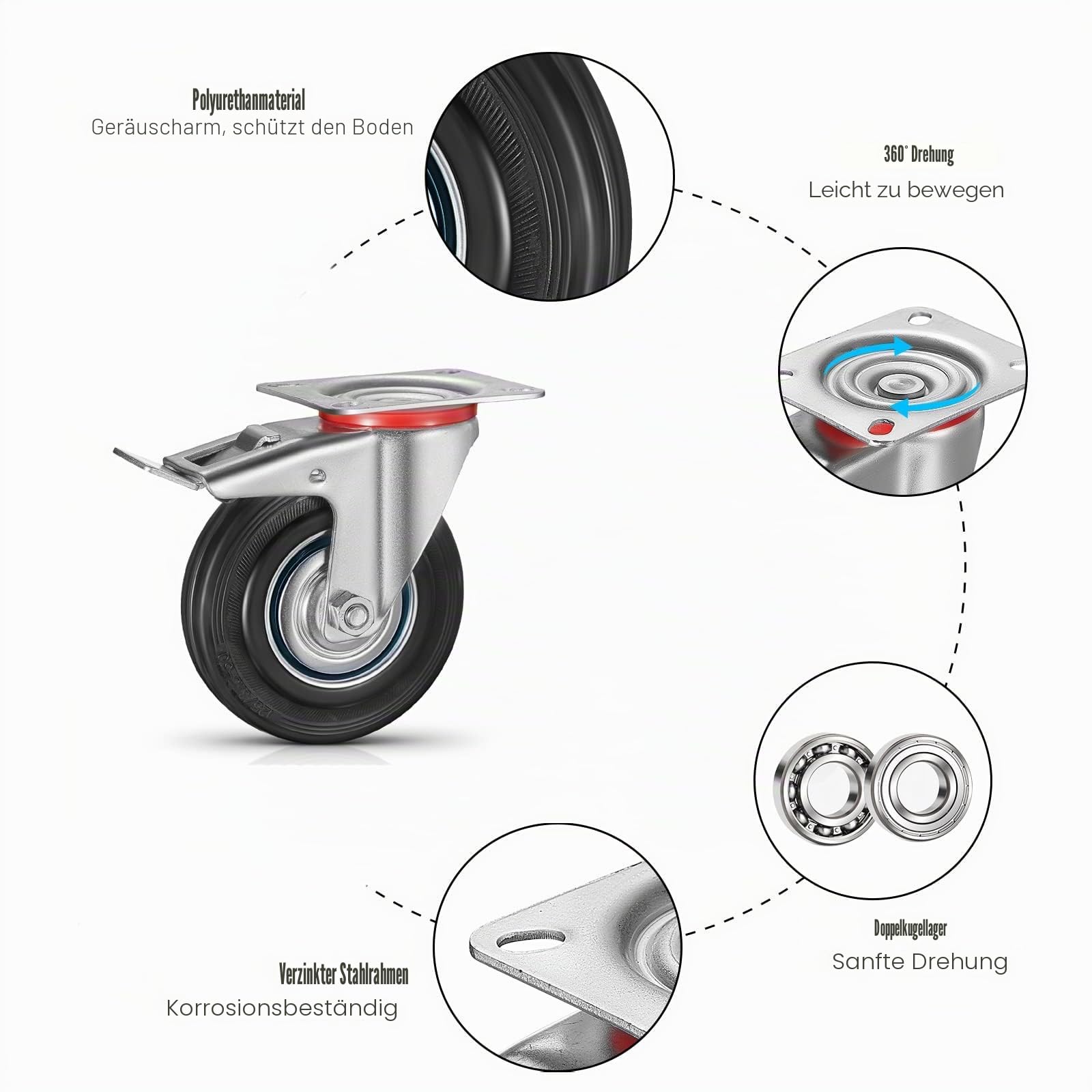 8er Set Schwerlastrollen 160 mm, Lenkrollen bis 1200kg Traglast | Inkl. Schrauben, 360° Drehbar & Geräuschlos, 4 mit Feststellbremse, 4 ohne. Ideal für Möbel, Paletten und Lager