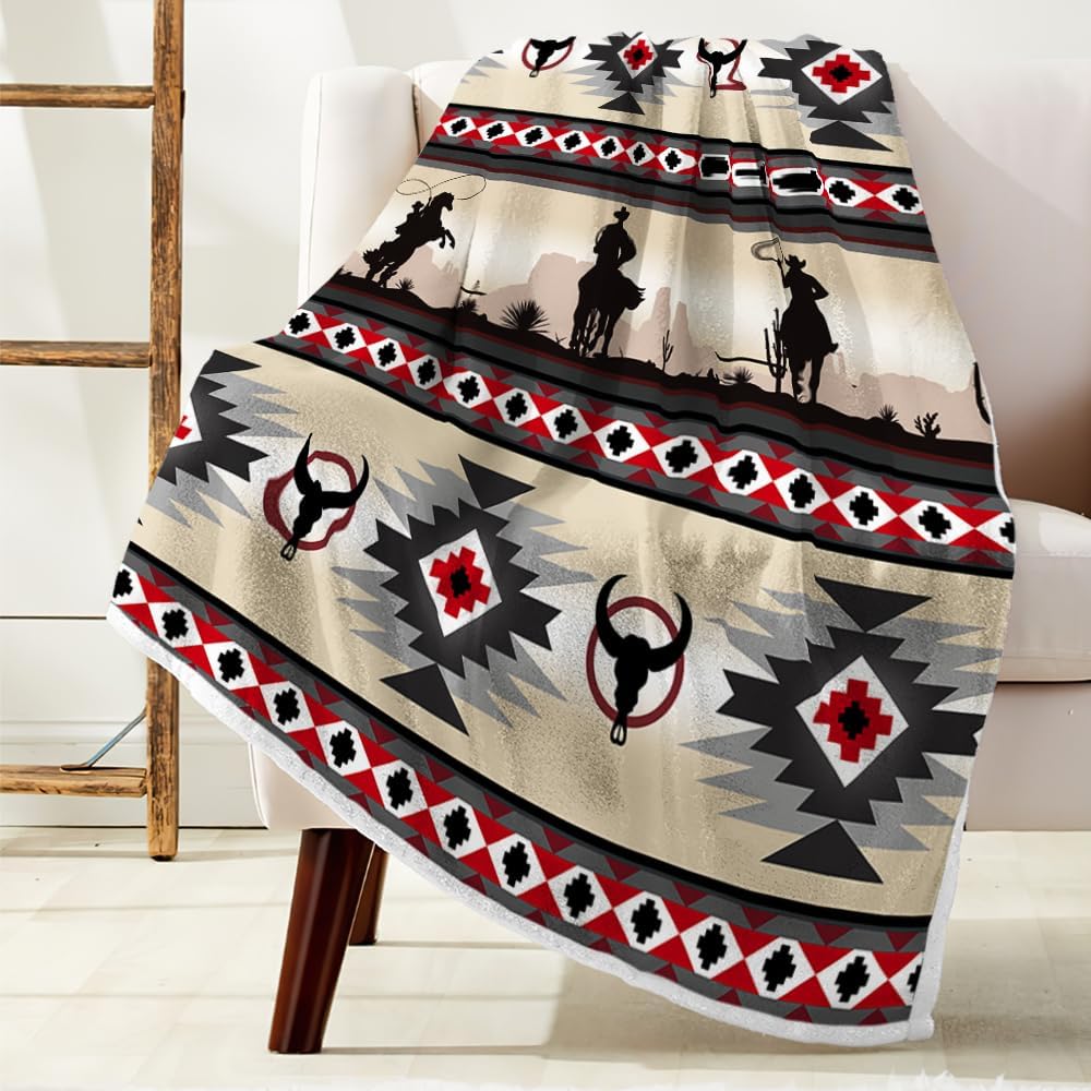 Southwestern Throw Blankets,Bull Skull Aztec Native American Pattern Tribal Navajo Boho Cozy Warm Bed Couch Blanket, Western Cowboy Geometric Fleece Flannel Throws to Decorate the Room and Bedroom