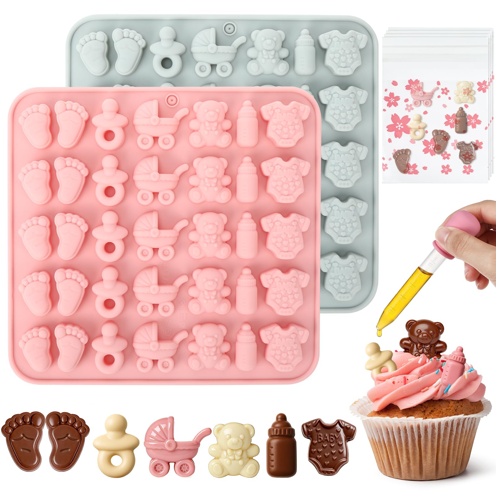 2 Pcs Baby Shower Chocolate Moulds, Silicone Cake Pop Mould with Droppers and Self-Sealing Bags, Footprint Bottle Baby Carriage Bear Pattern Jelly Moulds for Chocolate, Candy, Cake (GreyοΌPink)