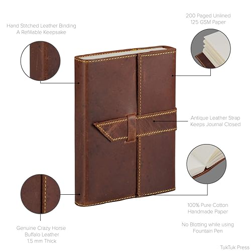 Miniatura 7 de Tuk Tuk Press, diario de piel de búfalo hecho a mano, acabado suave marrón de lujo, 200 páginas de algodón reciclado grueso sin árboles, rellenable,