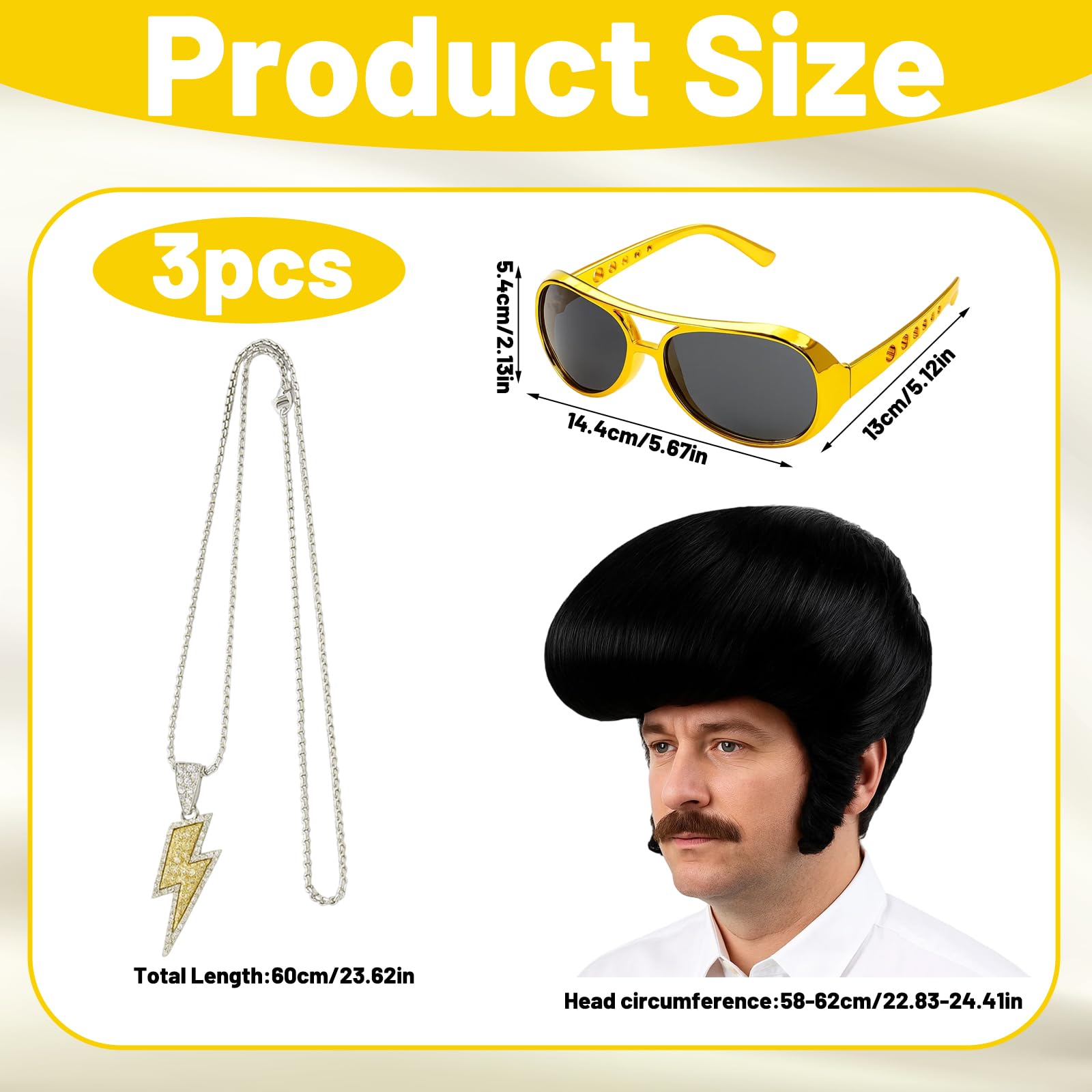 3-Piece Rock Legend Wig Set, Men's Black Wig for 50s 60s Rocker Costume, Includes Retro Glasses and Necklace - Image 2
