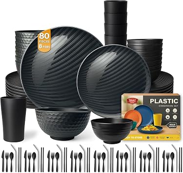 Teivio 80-Piece Kitchen Reusable Plastic Round Dinner Set for 8, Dinner Plate, Dessert Plate, Cereal Bowl, Sauce Cups, Cup, Unbreakable Plastic Plate and Bowl Set, Outdoor Camping Dishes, Black